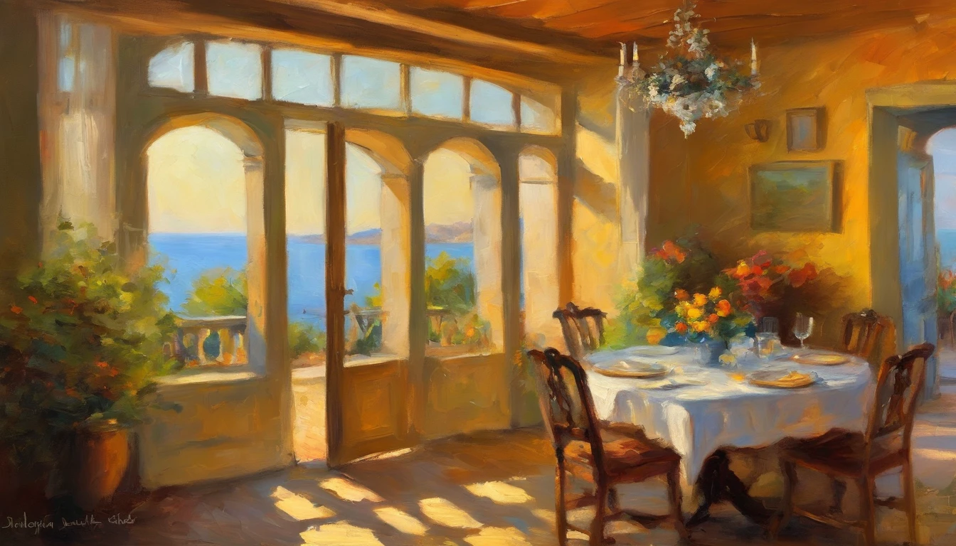 Summer morning,soft sunlight,Old dining room by the sea,Start a good day