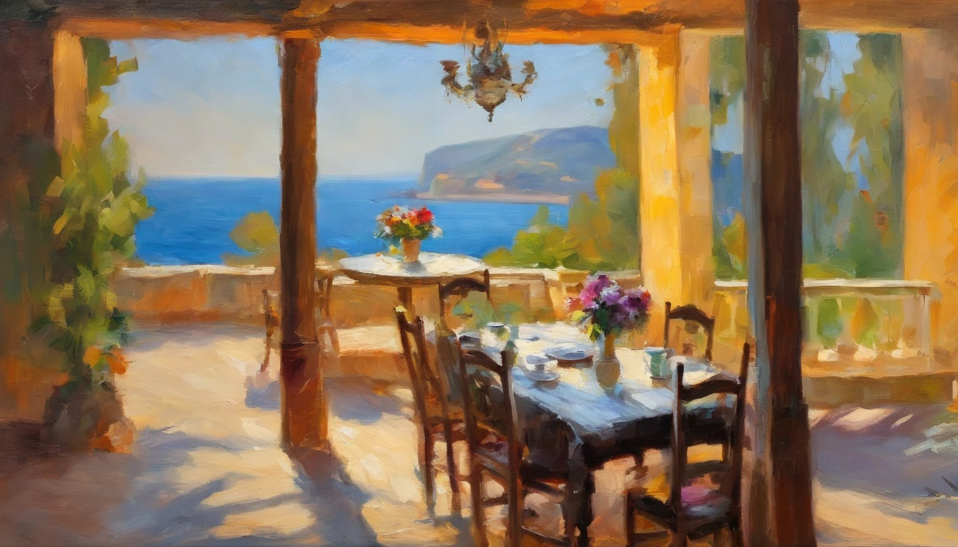 Summer morning,soft sunlight,Old dining room by the sea,Start a good day