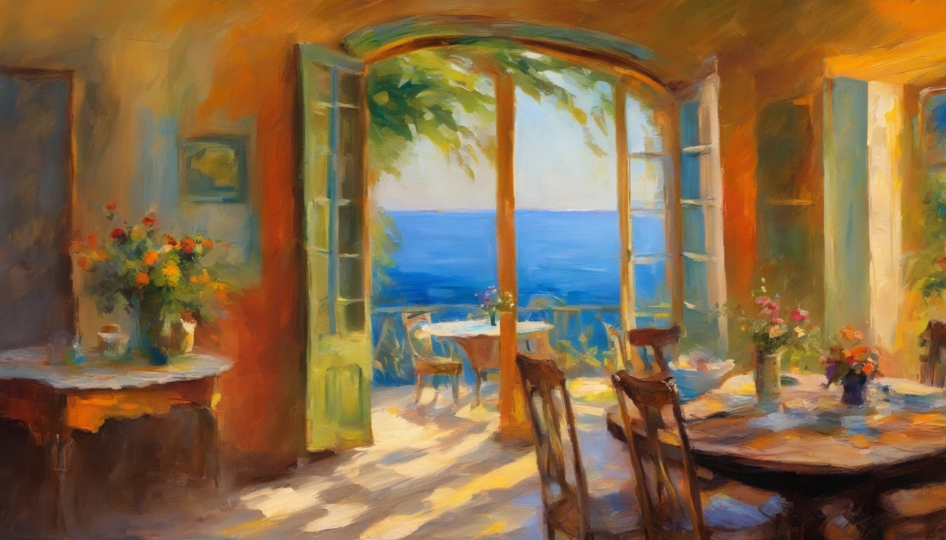 Summer morning,soft sunlight,Old dining room by the sea,Start a good day