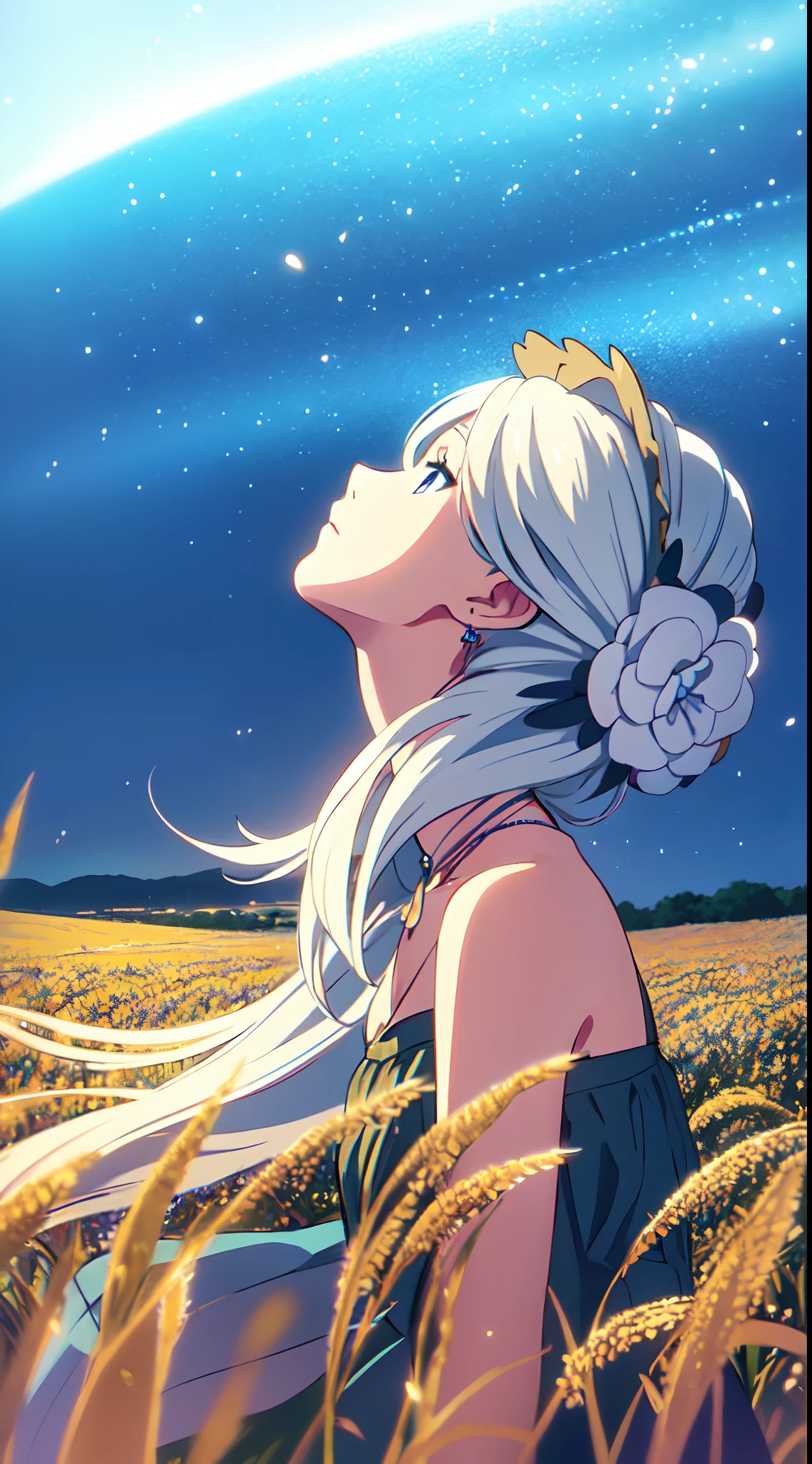 masterpiece, best quality, 1lady, solo, really long hair, white hair, (flowers hair ornament), light blue eyes, looking up at the sky , necklace, earrings, night, Vast sky, beautiful skyline, fireflies, fantasy, off shoulder blue dress, night scenery, behind view, back view, touching wheat field, close up, face portrait