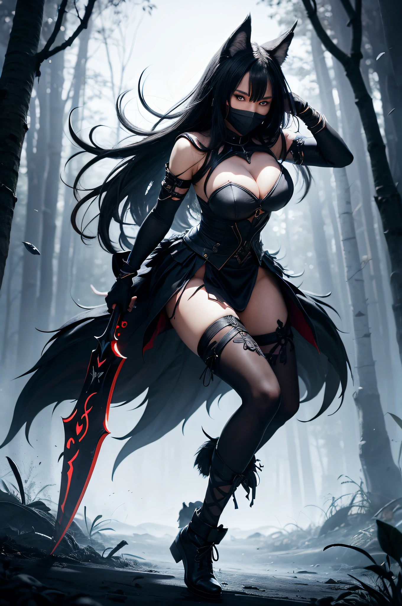 (beautiful girl), (ideal body), one wolf tail, wolf ear, mortal combat dress black collor, face with mask, wolf pose, full body, realistic, holding a spear, jungle background with full moon, dramatic atmosphere, realistic skin, red eyes