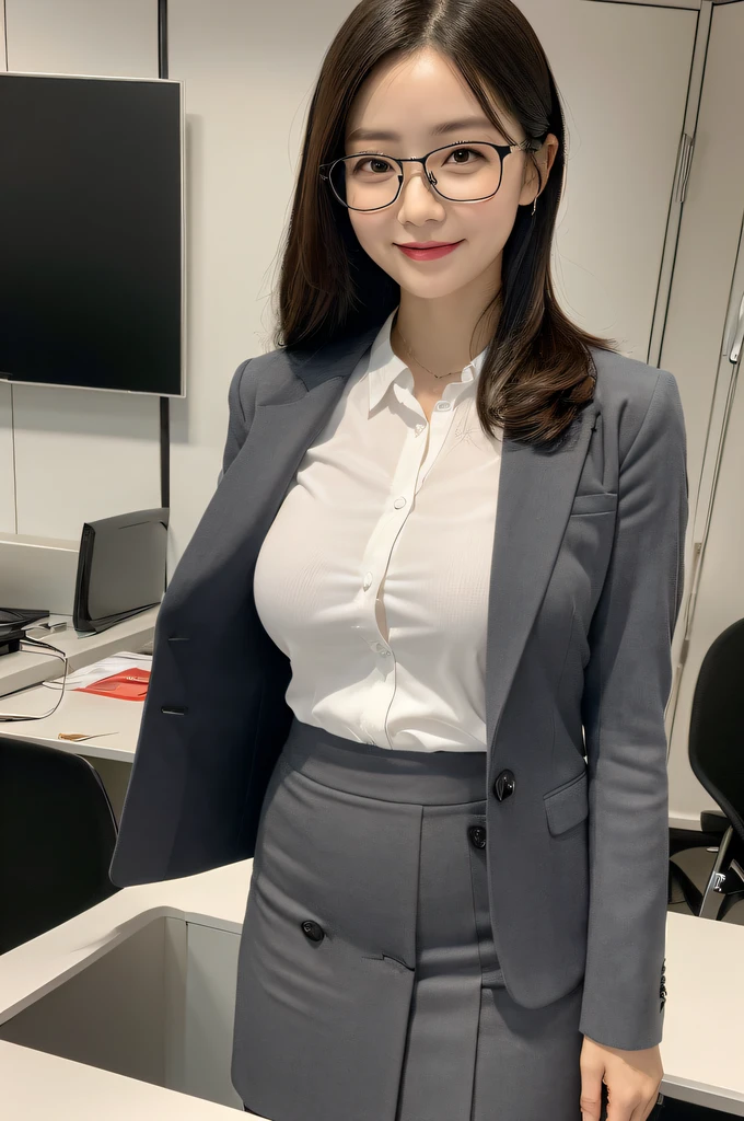 (Best quality, 8k, 32k, Masterpiece, UHD:1.2), 1 girl, ((close up:1.2)), beautiy Japanese office lady, (smile:0.5), (looking at the viewer), bit chubby, glasses, grey suit, grey mini skirt, closed white shirt, open jacket, office room, desk, (huge breasts, buttocks:1.2), detailed beautiful face, pony-tail hair, from below,