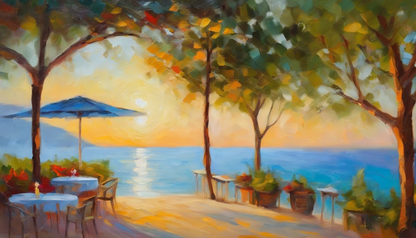 Summer morning,soft sunlight,Old restaurant by the sea,good morning,Start a good day,Take off today