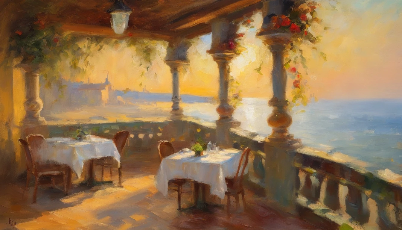 Summer morning,soft sunlight,Old restaurant by the sea,good morning,Start a good day,Take off today
