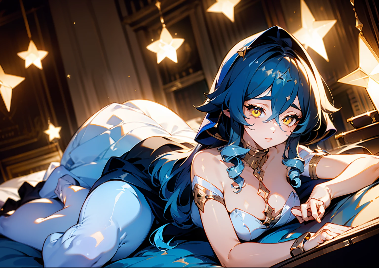 (1girl), illustration, Layla \(Genshin Impact\), choker, star \(symbol\), golden eyes, yellow eyes, glowing eyes, eyes with stars, earrings, gold jewelry, blue skirt, blue dress, white stockings, amazing body, sexy, laying down, lying down, lying on back, laying on back, comfortable, radiance, reading book, book, library, night, candle light, warm lighting, dynamic perspective, fisheye view, nardack