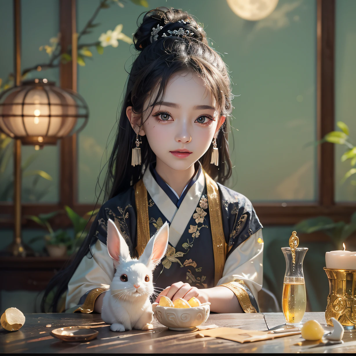 1girll,(enchanced quality:1.4),(Top quality true texture skin), Delicate face,Black hair, Gradient hair, Petite body,(perfect bodies:1.1), There are precious stones on the forehead,Sparkling pupils,long eyelasher,grin, hyper photorealism, Cinematic lighting, projected inset, Wear pale yellow Hanfu,The background is the moon,Holding the little white rabbit in his hand,There are mooncakes on the table
