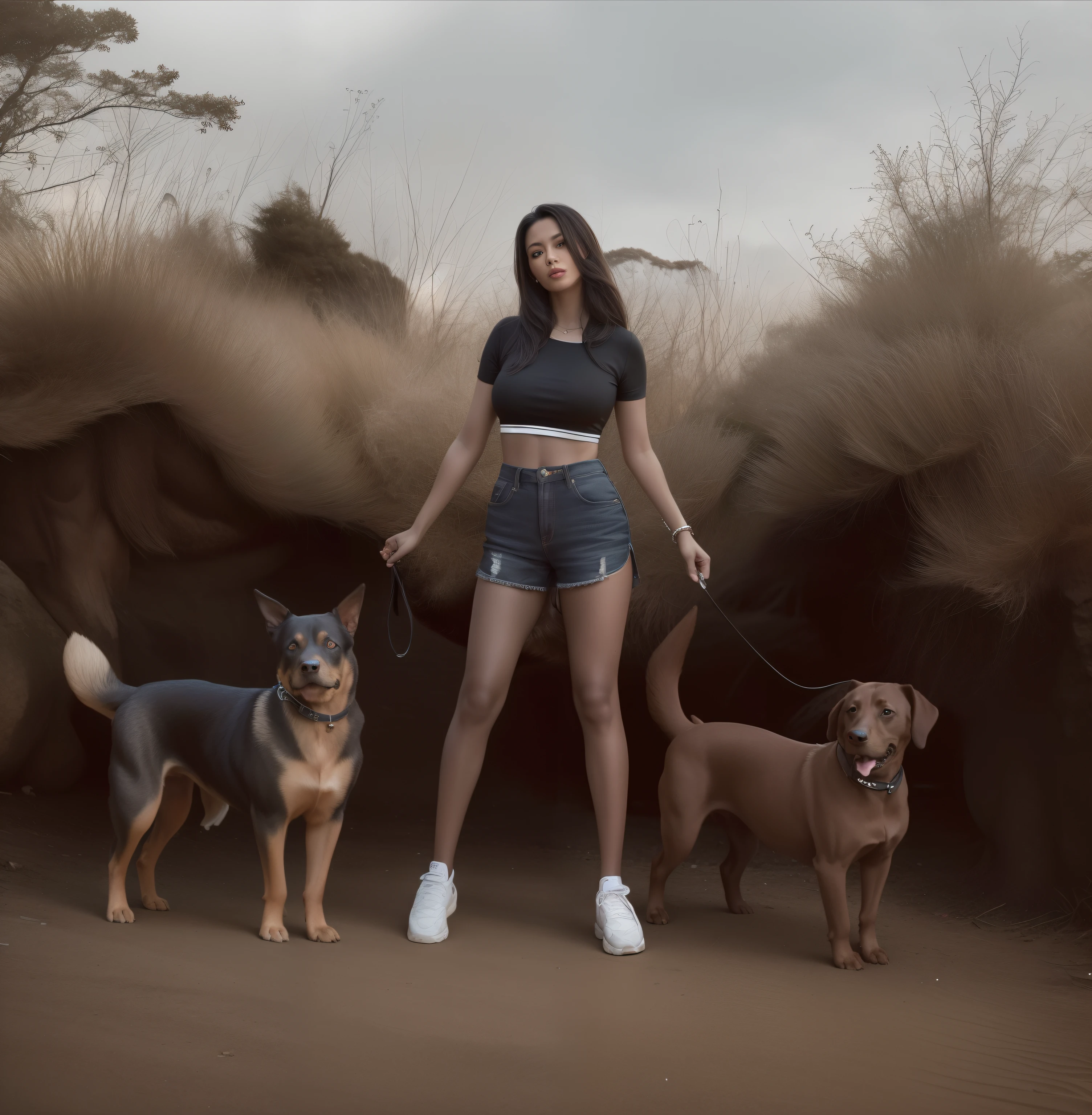 (best quality,4k,8k,highres,masterpiece:1.2),ultra-detailed,(realistic,photorealistic,photo-realistic:1.37),a sexy woman standing next to two dobermans on a leash,dogs,dogs:1.1,vacation photo,photo taken at night,mixed art,full body picture