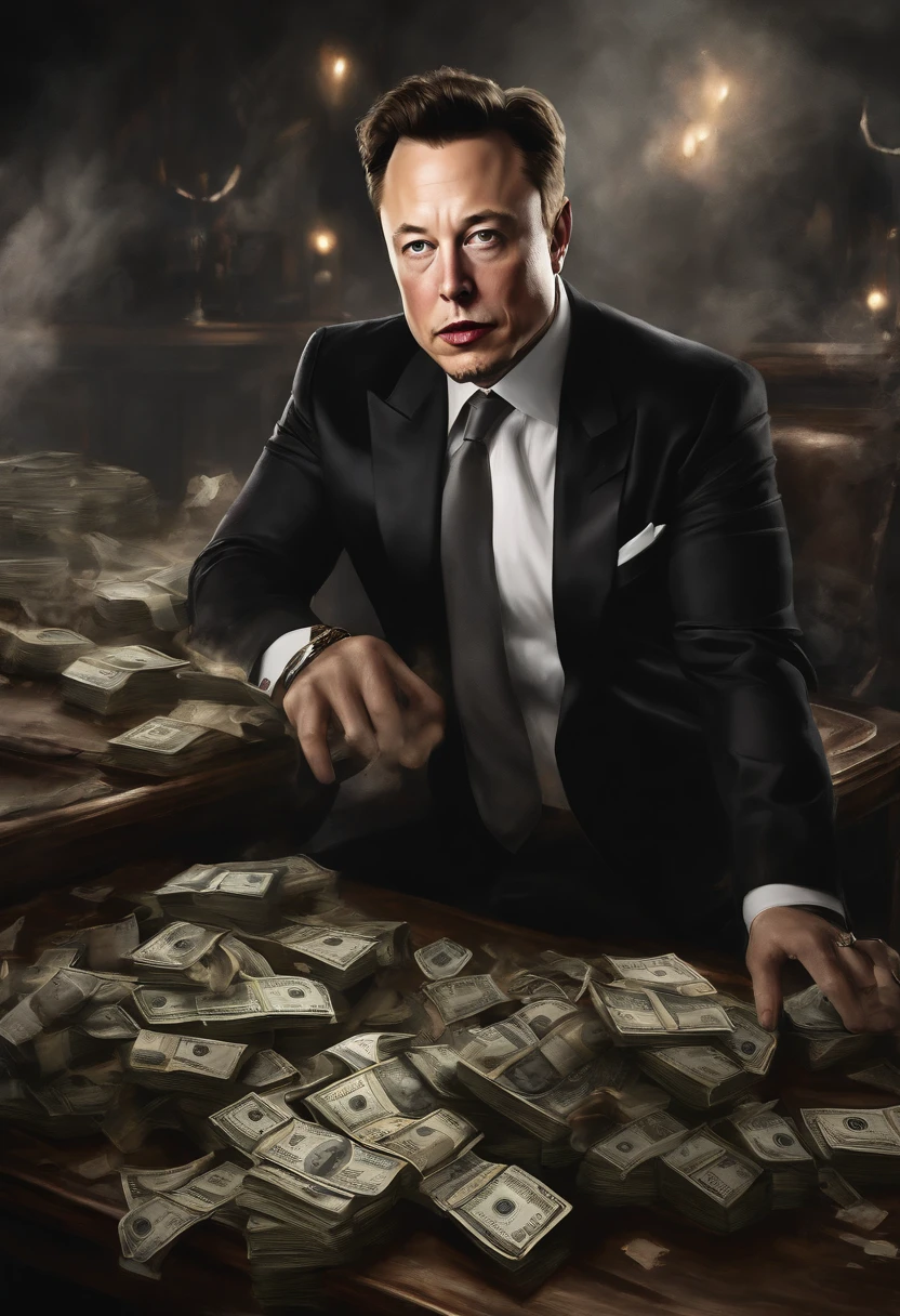 Elon Musk fighting money, Oil Painting, Harsh brush strokes, Dramatic Lighting, intense expression, Determined eyes, hold fists, sweat dripping down his face, Wrinkled suit, broken chains, Crumbling dollar bills, Crumbling Stock Market Graph, Smoke rises in the background, Black and white with a touch of gold, Realism. (Best Quality, hight resolution, Ultra-detailed), (Realistic:1.37), Professional, Vivid colors.