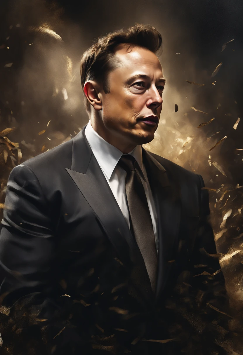 Elon Musk fighting money, Oil Painting, Harsh brush strokes, Dramatic Lighting, intense expression, Determined eyes, hold fists, sweat dripping down his face, Wrinkled suit, broken chains, Crumbling dollar bills, Crumbling Stock Market Graph, Smoke rises in the background, Black and white with a touch of gold, Realism. (Best Quality, hight resolution, Ultra-detailed), (Realistic:1.37), Professional, Vivid colors.