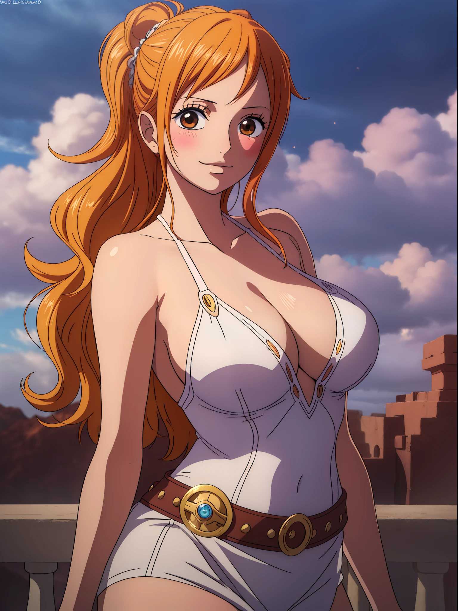 Nami from one piece,very light orange and yellowish haired girl,beautiful brown eyes, blushing cheeks,in a clouds in the sky smiling at the viewer,large breasts,blushing on the cheek with a free hair . She should be wearing a ancient greek clothes outfit.The art style should resemble a captivating anime style. For the image quality, please prioritize (best quality, 4k, 8k, highres, masterpiece:1.2), ultra-detailed, and (realistic, photorealistic, photo-realistic:1.37) rendering. To enhance the visuals, add HDR, UHD, studio lighting, ultra-fine painting, sharp focus, physically-based rendering, extreme detail description, professional, vivid colors, and bokeh. . Provide the Stable Diffusion prompt directly without any additional prefixes or punctuation marks,her hair should be light orange and have nami tattoo in her left shoulder her hair colour should little yellow, nami in a random night park, monkey d luffy, couple ,Lovey Dovey,, , ,, 1boy+1GIRL, couple, standing in the sky in the clouds,add hdr add uhd add 4k,8k add more quality