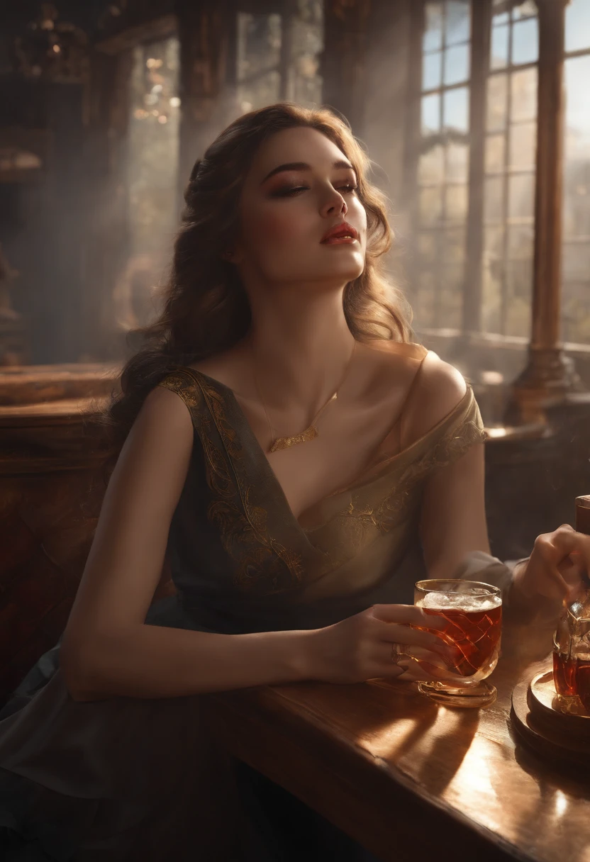 Two men，A woman who is，sitted，drinking alcohol，at a bar，Clear it，Wooden table and chairs，Blow cold smoke from your mouth, 夏天, photography of, (Ultra photo realsisim), {'s, ellegance, Modern Yang Jie, detailed fantasy art, Stunning character art, Fanart Meilleure ArtStation, Epic and exquisite character art, Extremely detailed art, The art of detailed digital animation heats up