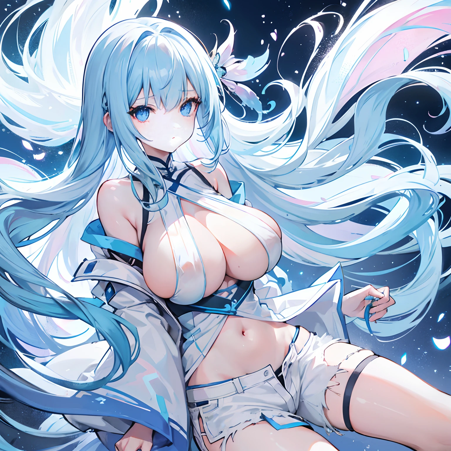 light blue long hair，[light blues|Pink big breasts]the hair，dual horsetail，Powder-blue heterochromatic eyes，Loving pupils，Girl，huge tit，White sport ripped shorts，White off-the-shoulder short sleeves，The clothes were soaked with sweat，