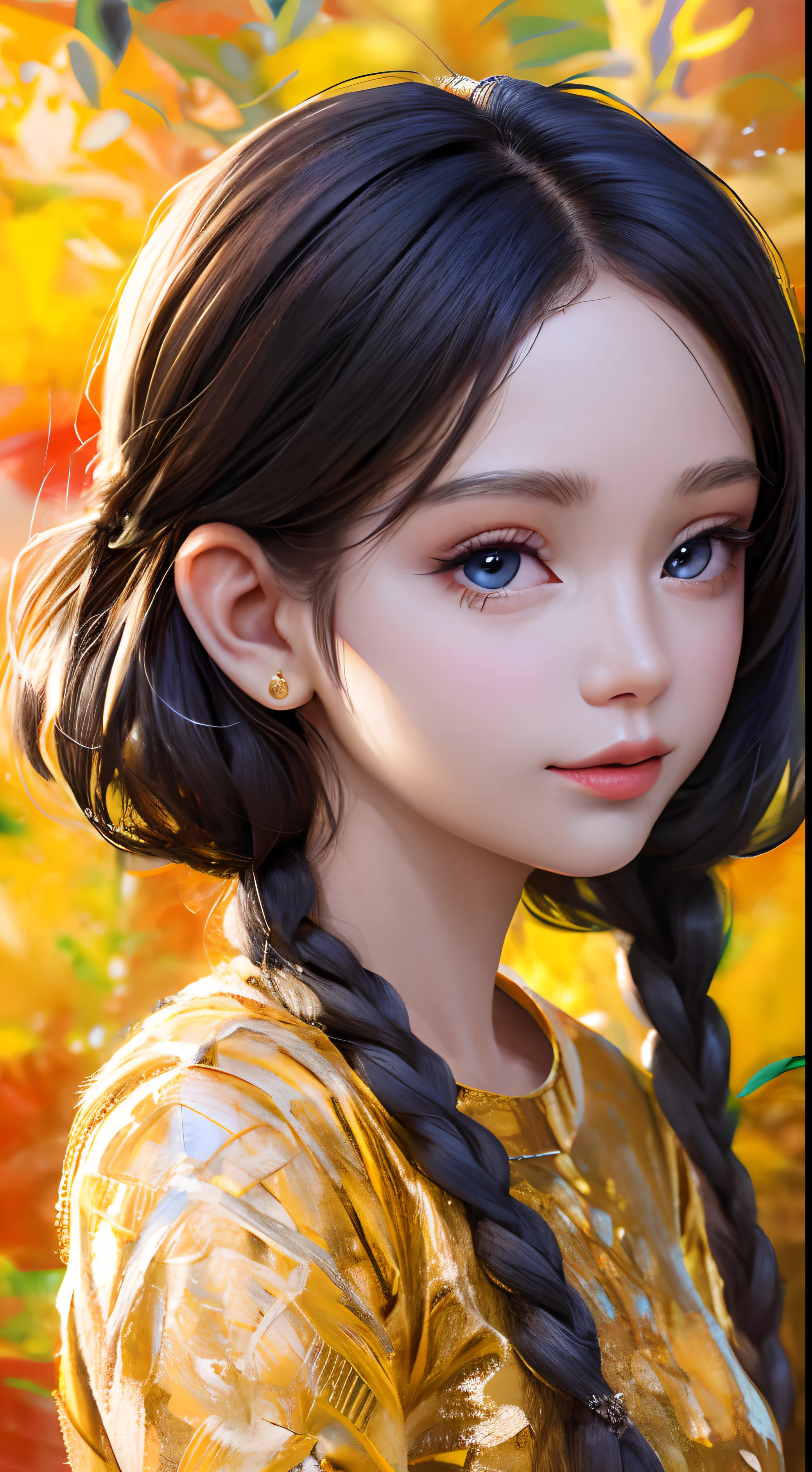 tmasterpiece、top-quality、surrealist、
1 Fine art painting for women、ice land、Medium close-up、
beatiful detailed eyes、face perfect、beautifull detailed face、Slouched、Pixie cut
Amazingly sharp focus、ultra - detailed、Soft skin、
Braided hair、O cabelo multicolorido、
Blue eyes
pajamas、pyjamas、Wear flower embroidery、
light smile、particles floating、the golden hour、elaborate background、The upper part of the body