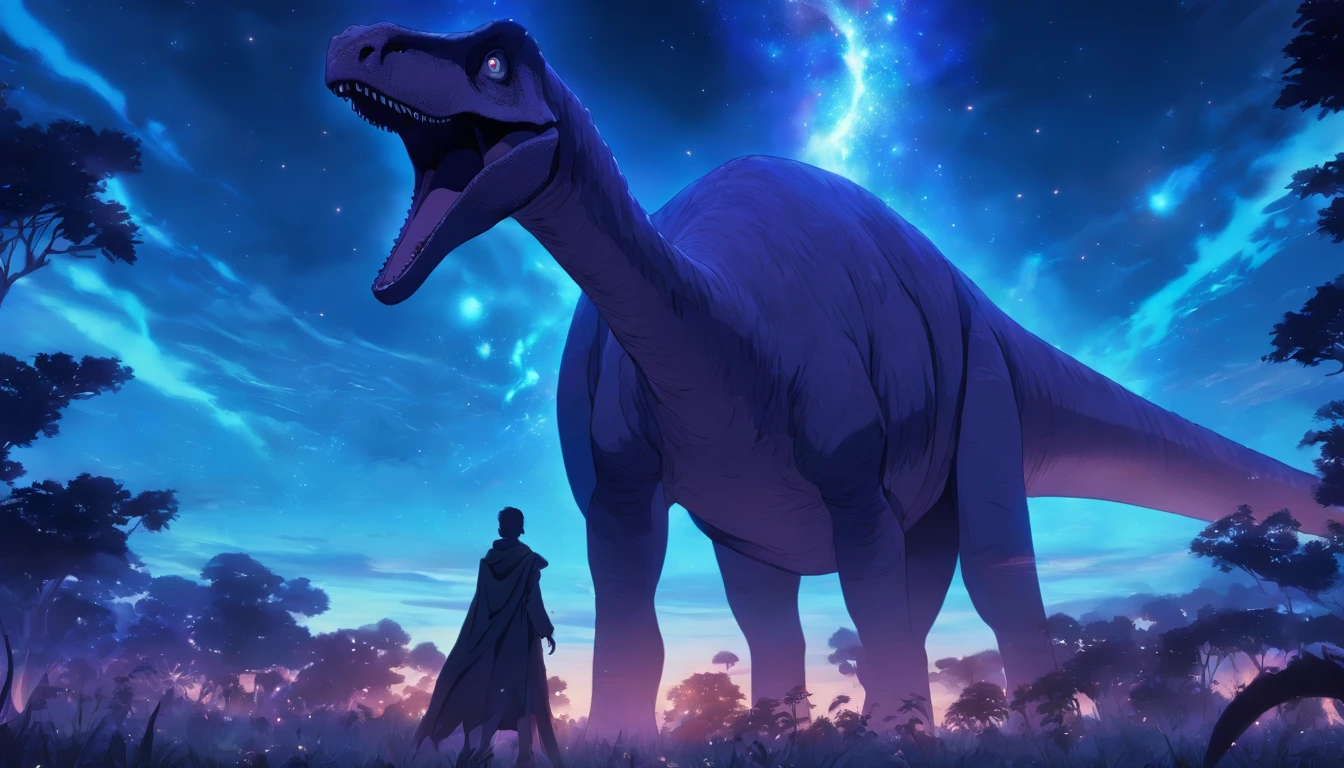 Brachiosaurus, ebony black with a light-blue glow surrounding it, blue glowing eyes, Githyanki psionics mage hand, dead of night with a brilliant space sky above, masterpiece, best quality