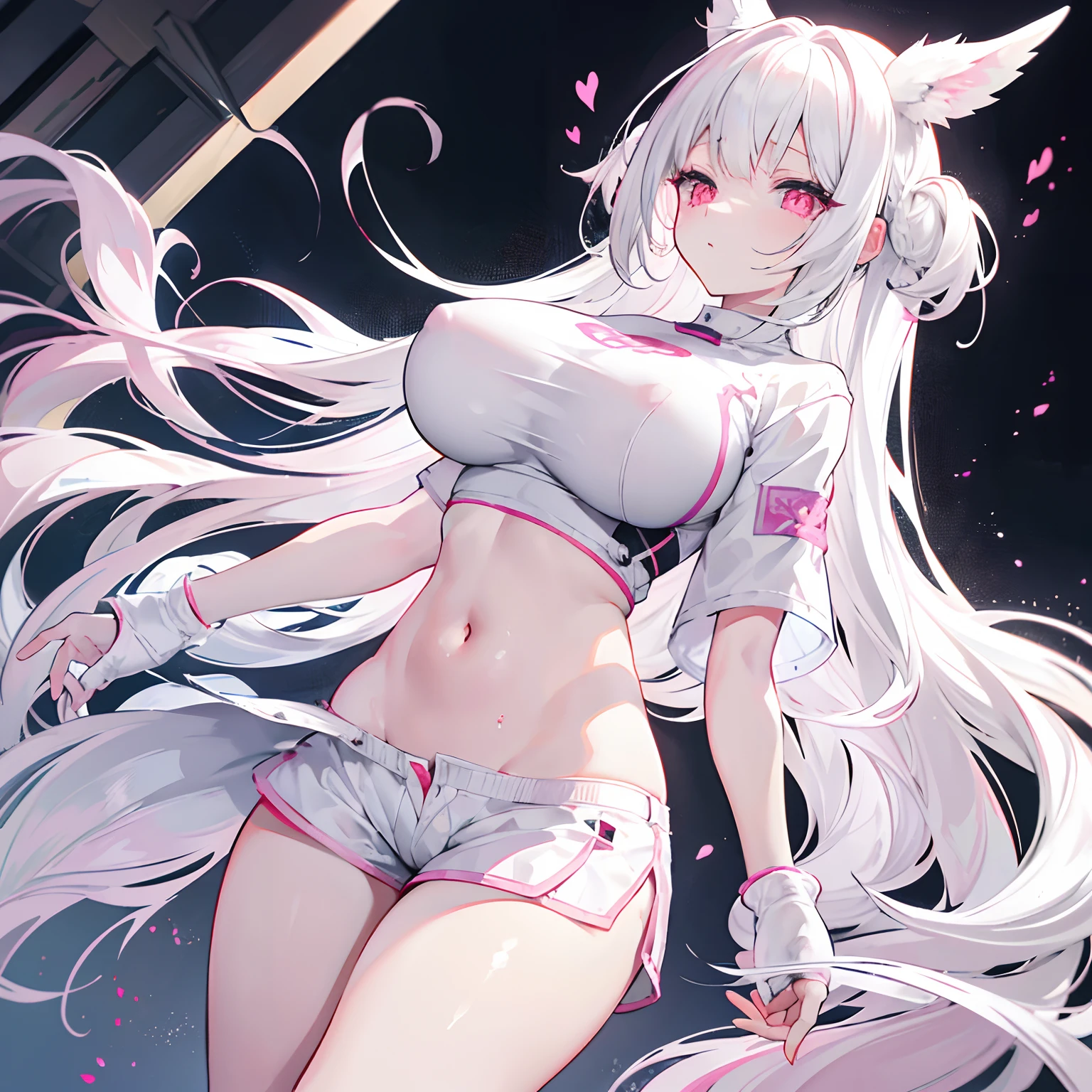 Long light white hair，[light white|Pink big breasts]the hair，，dual horsetail，Microvolumes，Pink eyes，Loving pupils，girl，huge tit，White sports shorts，white short sleeve，Clothes drenched in sweat，Holes，succubi