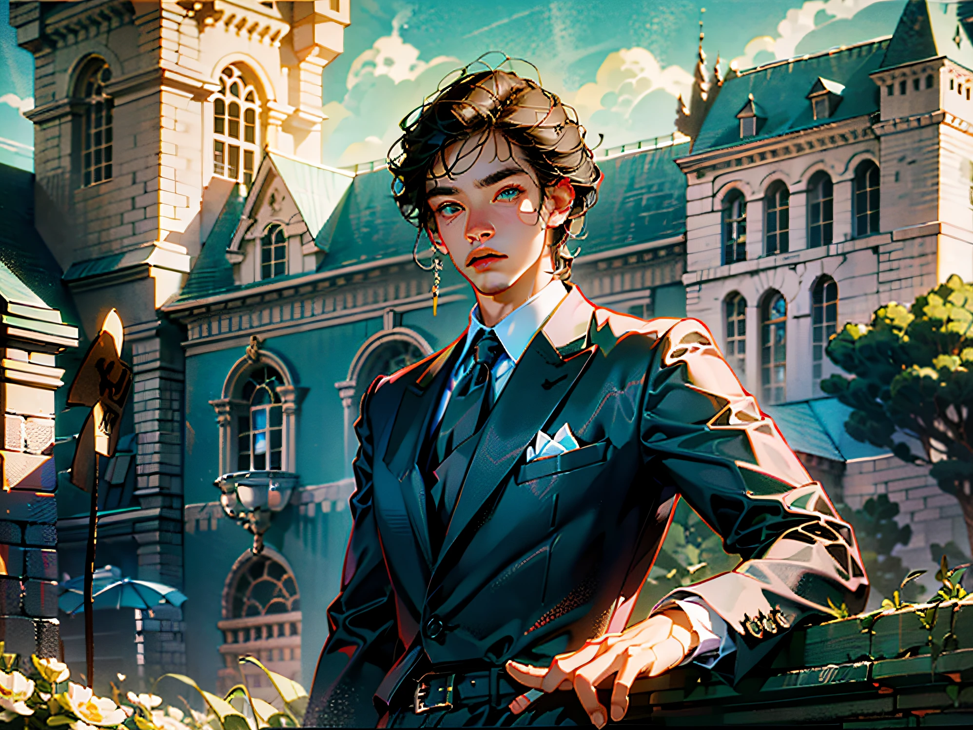 (best quality,4k,8k,highres,masterpiece:1.2),ultra-detailed,(realistic,photorealistic,photo-realistic:1.37),handsome boy, masculine physique, anime, extremely detailed, super detailed, broad shoulders, flawless face, illustrations, soft lighting, 2D, intricate, cowboy shot, detailed eyes, golden hair, short hair, blue-green eyes, exuding sexiness, color palette, black tuxedo, outside, castle tower