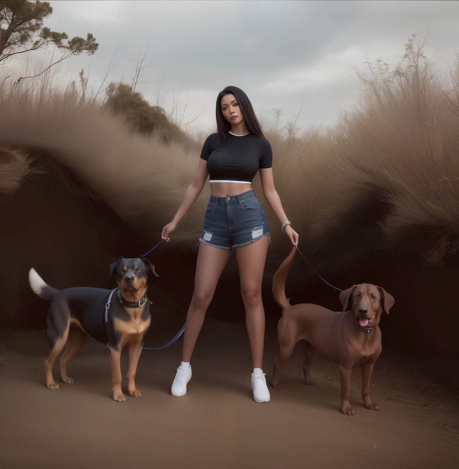 (best quality,4k,8k,highres,masterpiece:1.2),ultra-detailed,(realistic,photorealistic,photo-realistic:1.37),a sexy woman without top standing next to two dobermans on a leash,Doberman,dogs:1.1,vacation photo,photo taken at night,mixed art,full body picture