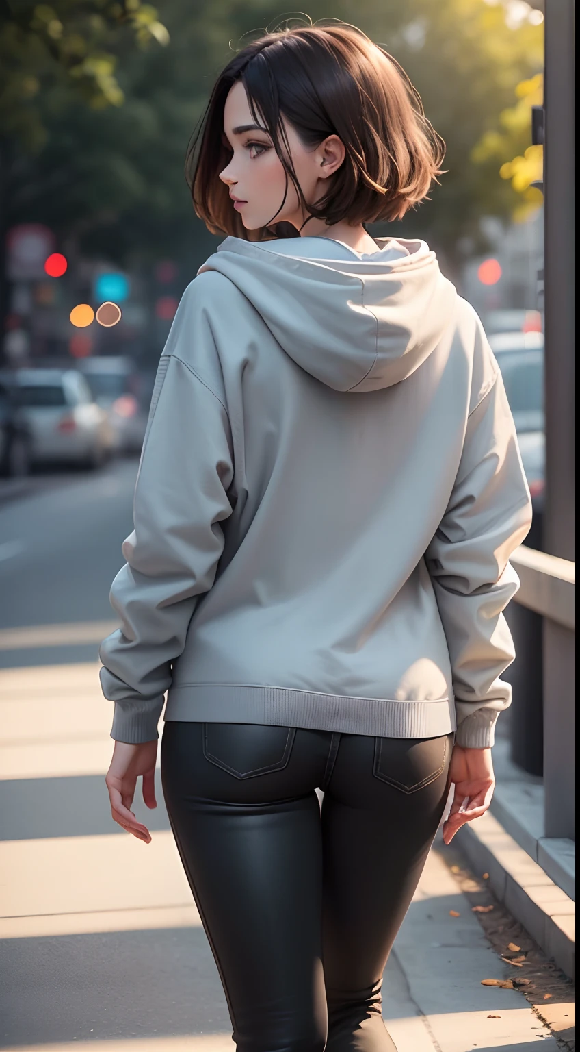 18-year-old girl, 165cm tall, brunette, short hair reaching the shoulders, cute face, slender figure, flat chest, gray hoodie, black pants, sneakers, standing in full height, view from behind, (best quality, 4k, 8k, highres, masterpiece:1.2), ultra-detailed, (realistic, photorealistic, photo-realistic:1.37), illustrations, vibrant colors, soft lighting