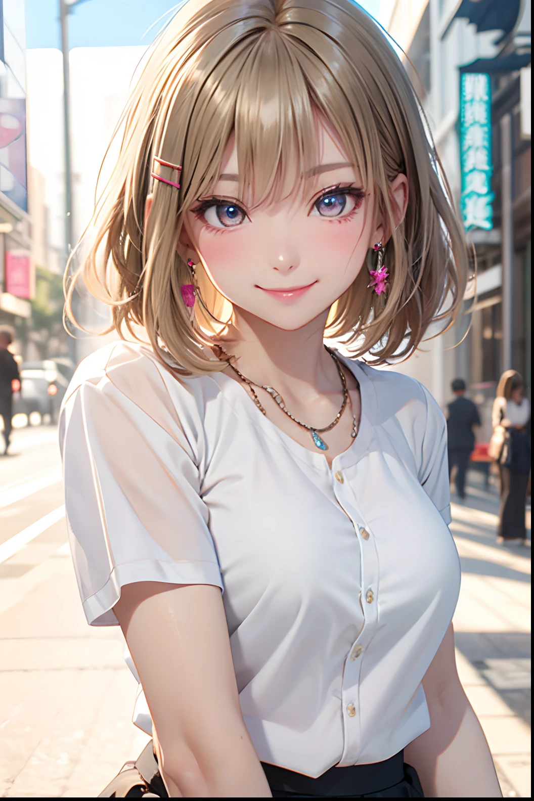 absurderes, ultra-detailliert,bright colour, extremely beautiful detailed anime face and eyes, (独奏:1.6), Short hair , asymmetrical bangs, Blonde hair with short twin tails, Shiny hair, Delicate beautiful face, red blush,(cyan eyes:1.3 ) White skin, hair clips, earrings, a necklace,(Agnes B-Shirt:1.3),(Barbary skirt:1.3) (nightcity:1.3),Bustling street、(Nitanita Smile:1.5)、Wet、