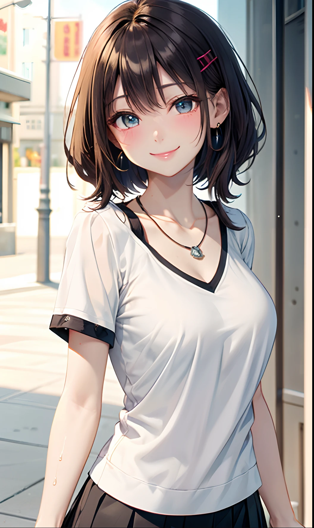 absurderes, ultra-detailliert,bright colour, extremely beautiful detailed anime face and eyes, (独奏:1.6), Short hair , asymmetrical bangs, Blonde hair with short twin tails, Shiny hair, Delicate beautiful face, red blush,(cyan eyes:1.3 ) White skin, hair clips, earrings, a necklace,(Agnes B-Shirt:1.3),(Barbary skirt:1.3) (nightcity:1.3),Bustling street、(Nitanita Smile:1.5)、Wet、
