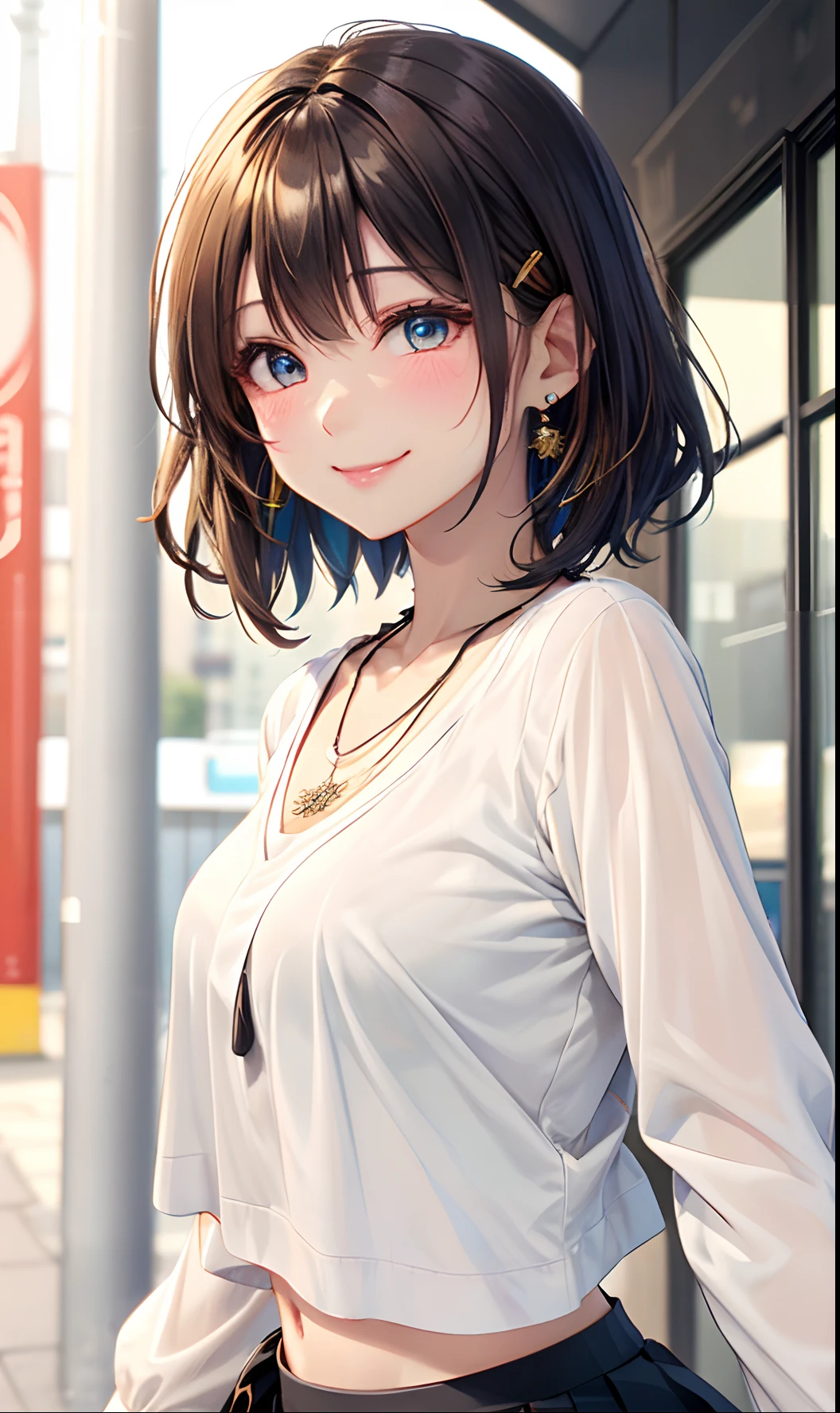 absurderes, ultra-detailliert,bright colour, extremely beautiful detailed anime face and eyes, (独奏:1.6), Short hair , asymmetrical bangs, Blonde hair with short twin tails, Shiny hair, Delicate beautiful face, red blush,(cyan eyes:1.3 ) White skin, hair clips, earrings, a necklace,(Agnes B-Shirt:1.3),(Barbary skirt:1.3) (nightcity:1.3),Bustling street、(Nitanita Smile:1.5)、Wet、