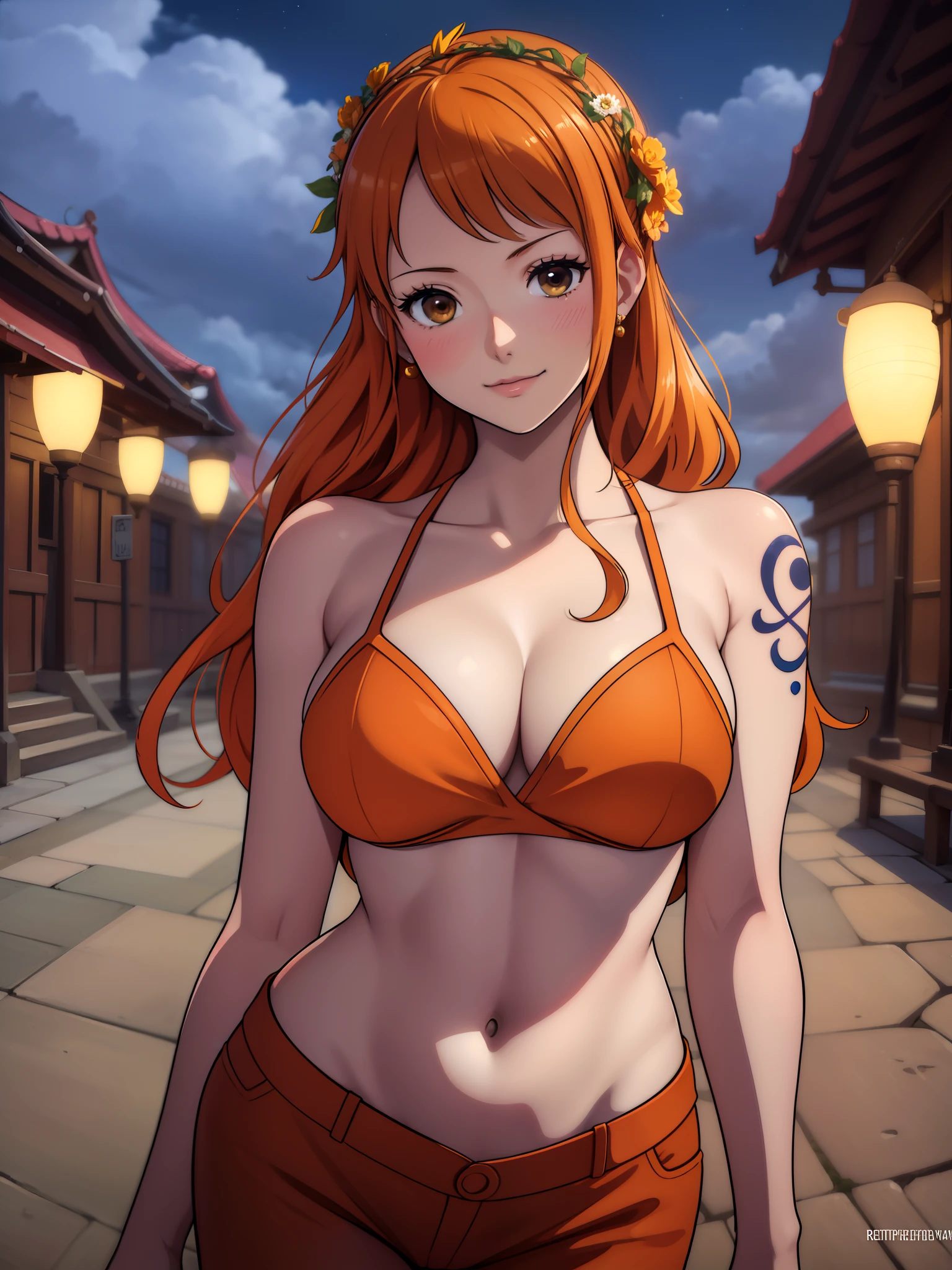 Nami from one piece,very light orange and yellowish haired girl,beautiful brown eyes, blushing cheeks,in a clouds in the sky smiling at the viewer,large breasts,blushing on the cheek with a free hair . She should be wearing a ancient greek clothes outfit.The art style should resemble a captivating anime style. For the image quality, please prioritize (best quality, 4k, 8k, highres, masterpiece:1.2), ultra-detailed, and (realistic, photorealistic, photo-realistic:1.37) rendering. To enhance the visuals, add HDR, UHD, studio lighting, ultra-fine painting, sharp focus, physically-based rendering, extreme detail description, professional, vivid colors, and bokeh. . Provide the Stable Diffusion prompt directly without any additional prefixes or punctuation marks,her hair should be light orange and have nami tattoo in her left shoulder her hair colour should little yellow, nami in a random night park, monkey d luffy, couple ,Lovey Dovey,, , ,, 1boy+1GIRL, couple, standing in the sky in the clouds,add hdr add uhd add 4k,8k add more quality