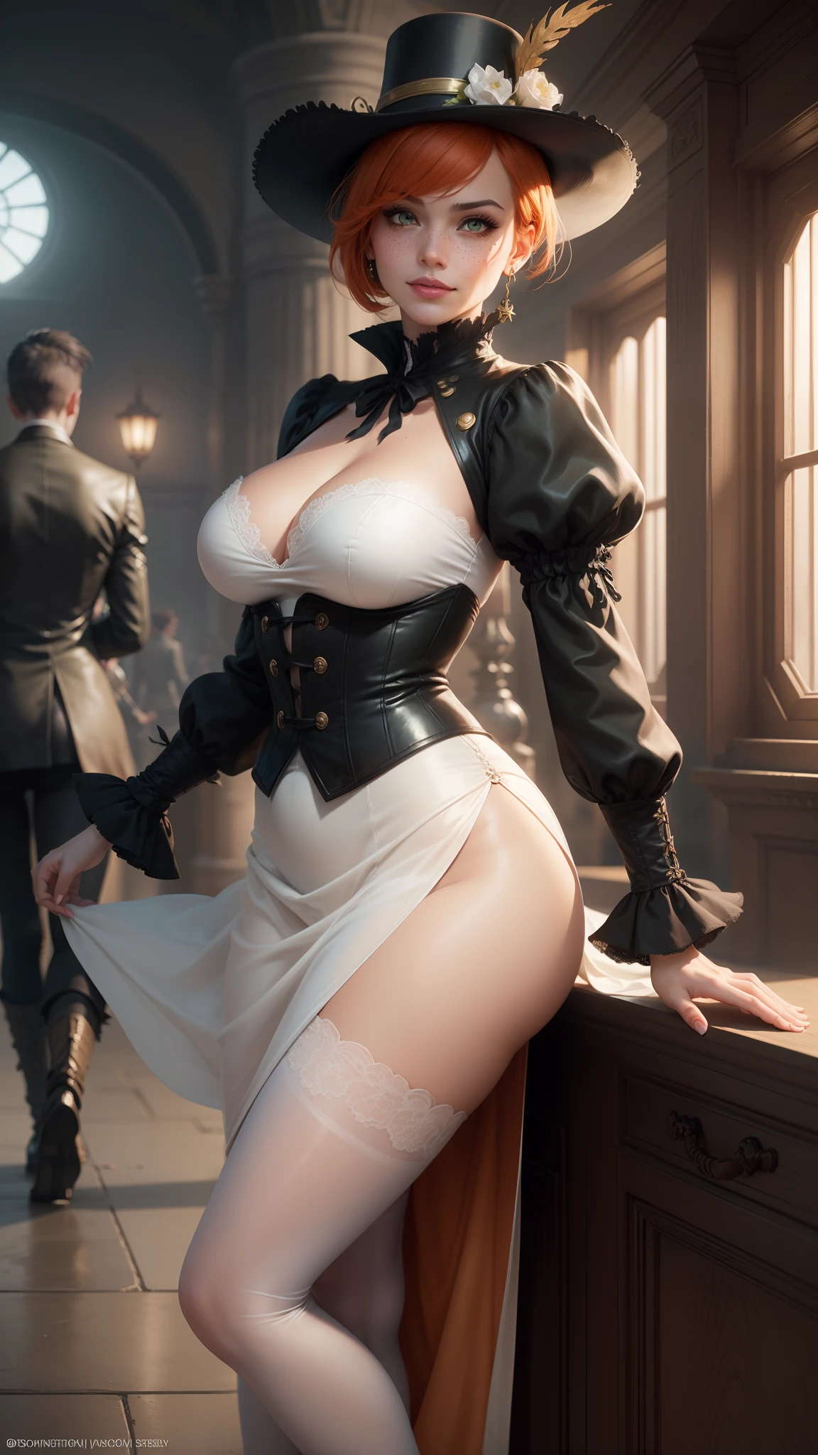 gwen tennyson,tracer,yorha 2b,rebecca chambers,nier automata,1girl,close up,aviator scarf,victorian airship, steampunk theme,cloudy day,white pantyhose,white long sleeve victorian top,brown victorian skirt,brass pirate corset,brass neck jewelry,victorian hat,short hair,brass earrings,night gown,victorian city,gothic makeup,green eyes,orange hair,shy smile,freckles,redhead,beautiful girl,large breasts,ultra detailed,realistic,fantasy art,