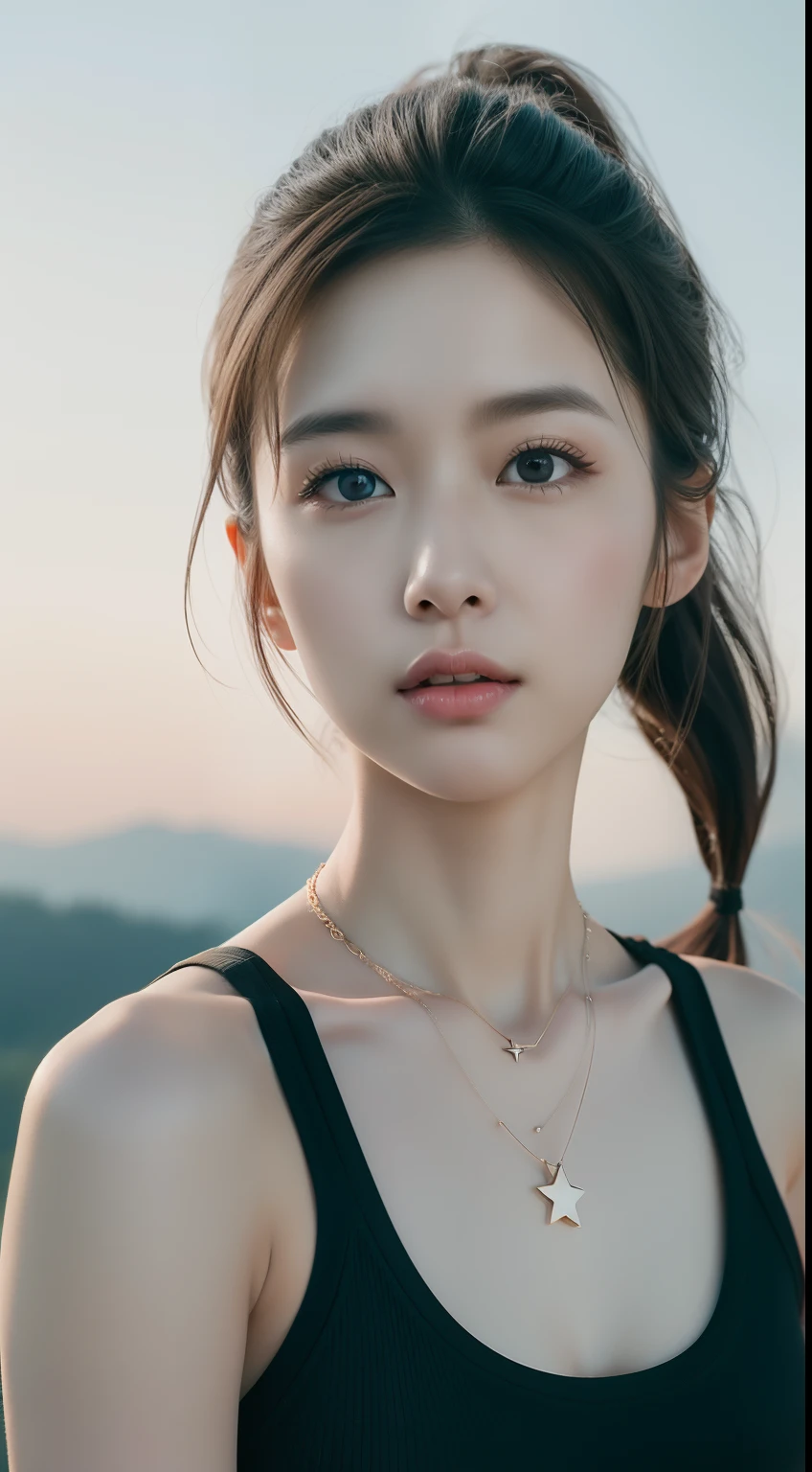 realistic photos of 1 cute Korean star, ponytail hair, white skin, thin makeup, 32 inch breasts size, wearing tank top, pants, moon shape necklace, walking on the hill, close-up portrait, cinematic lightning, UHD