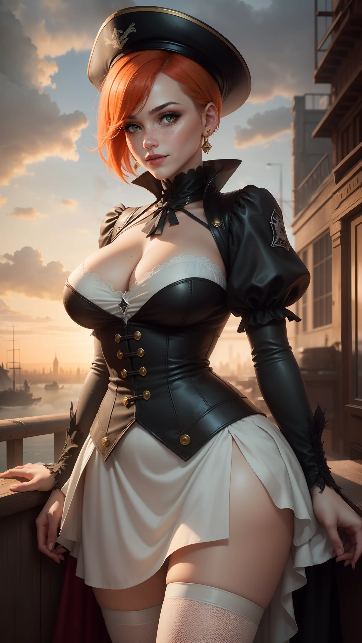 gwen tennyson,tracer,yorha 2b,rebecca chambers,nier automata,1girl,close up,aviator scarf,victorian airship, steampunk theme,cloudy day,white pantyhose,white long sleeve victorian top,brown victorian skirt,brass pirate corset,brass neck jewelry,victorian hat,short hair,brass earrings,night gown,victorian city,gothic makeup,green eyes,orange hair,shy smile,freckles,redhead,beautiful girl,large breasts,ultra detailed,realistic,fantasy art,