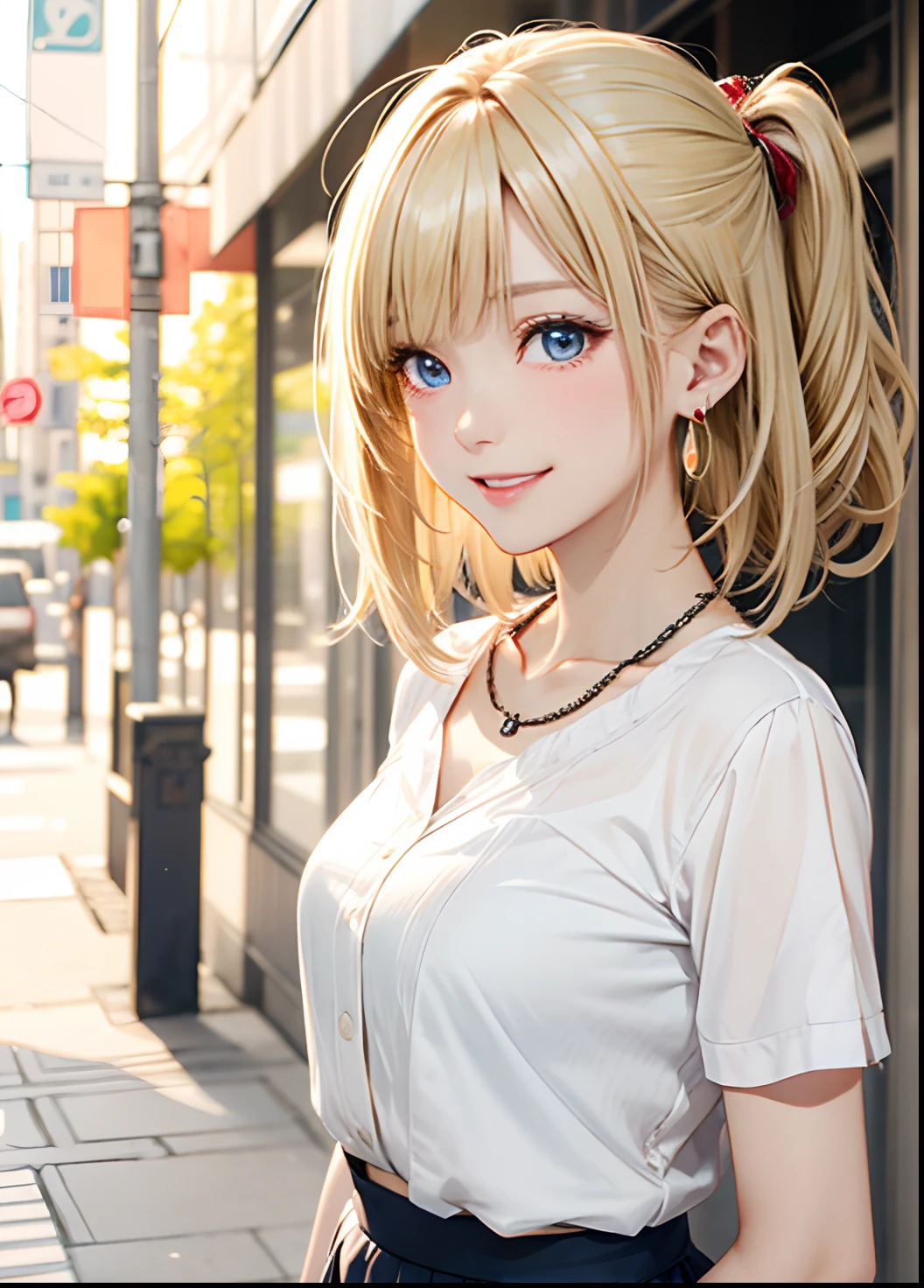 absurderes, ultra-detailliert,bright colour, extremely beautiful detailed anime face and eyes, (独奏:1.6),(Short snappy bangs short twin-tailed blonde hair:1.4), Shiny hair, Delicate beautiful face, red blush,(deep blue eyes:1.4 ) White skin, hair clips, earrings, a necklace,(Gucci Shirt:1.3),(Barbary skirt:1.3) (nightcity:1.3),Bustling street、Happy Smile:1.5)