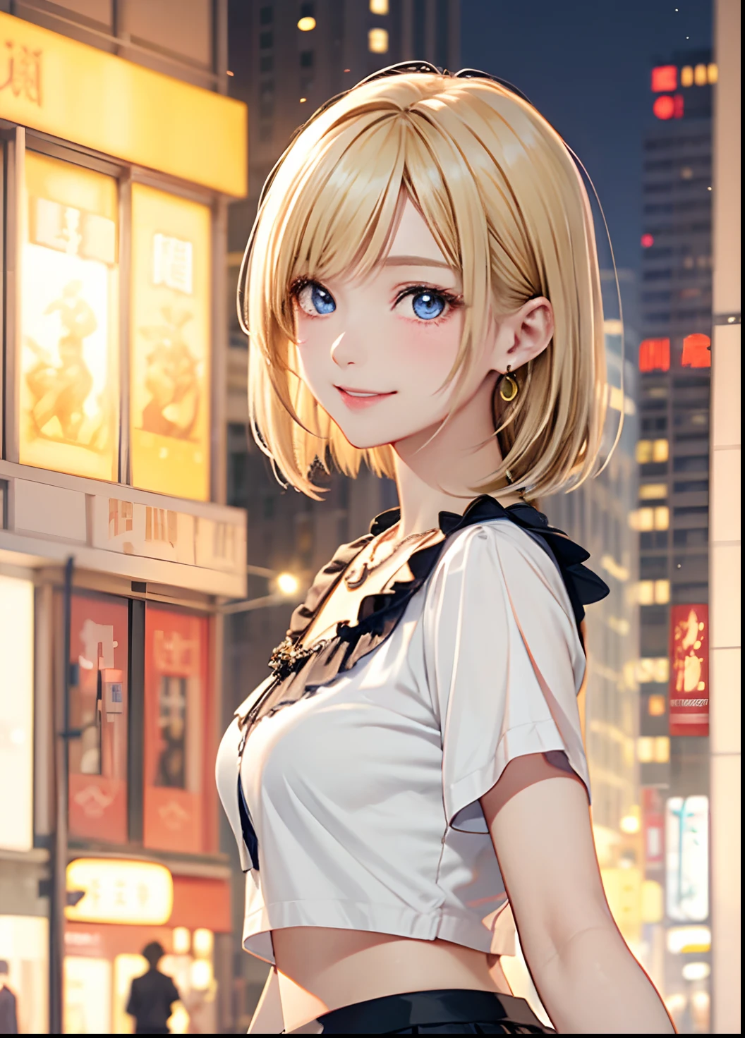 absurderes, ultra-detailliert,bright colour, extremely beautiful detailed anime face and eyes, (独奏:1.6),(Short snappy bangs short twin-tailed blonde hair:1.4), Shiny hair, Delicate beautiful face, red blush,(deep blue eyes:1.4 ) White skin, hair clips, earrings, a necklace,(Gucci Shirt:1.3),(Barbary skirt:1.3) (nightcity:1.3),Bustling street、Happy Smile:1.5)