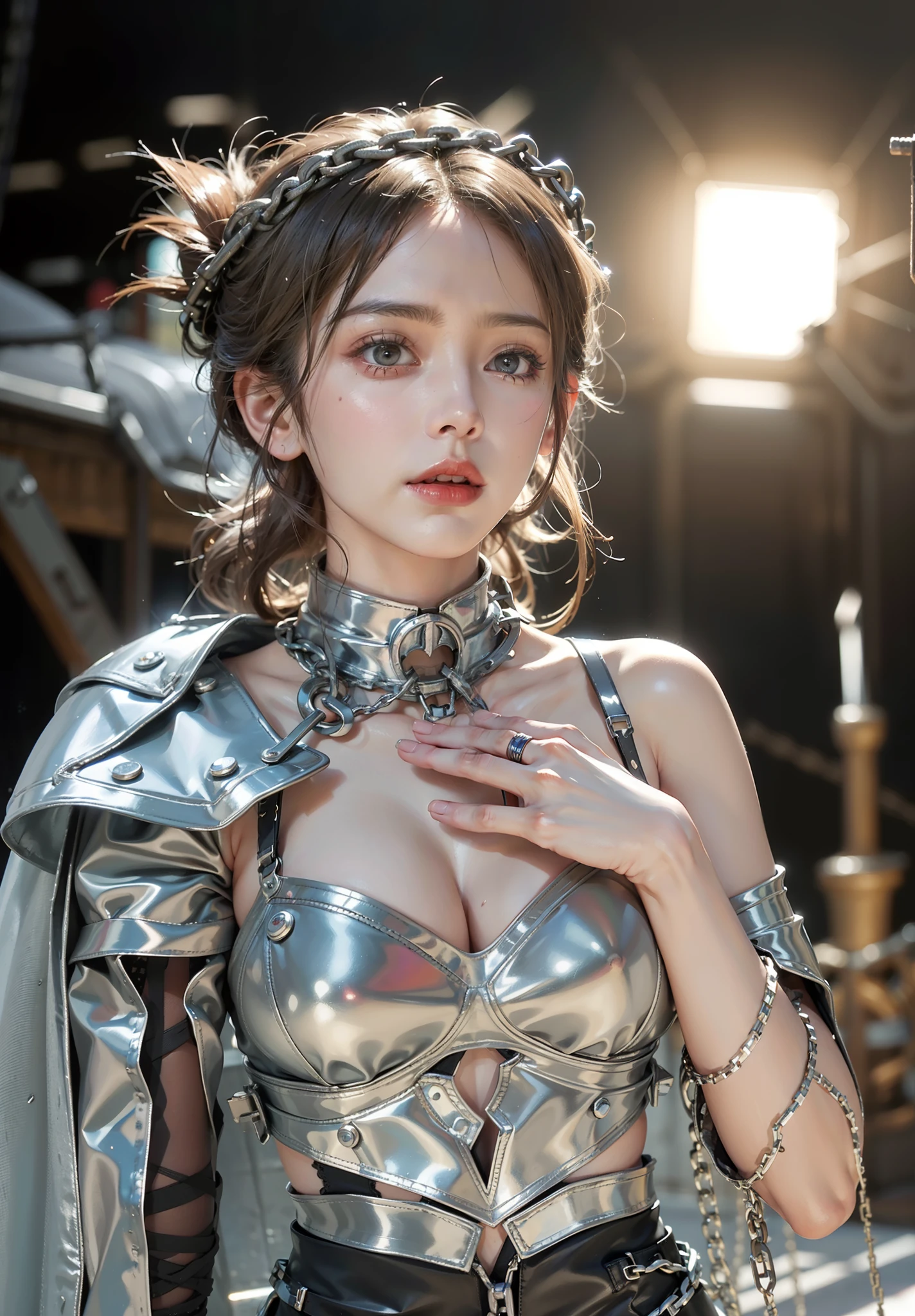 ,((Wearing a torn sheer costume of a superheroine)),(, No bra)), Wet crotch, Wet thighs, Beautiful girl with accentuated slender abs: 1.4, (((nipple tips protruding, areola is protruding, The shape of the pubic region is clearly visible)), sixpack abs: 1.4, Bust Botox, Photo, Sharpness, Unique 850 4, Koda850 k portrait camera, F1.6 shots, Ultra-realistic textures, Spectacular light textures, Cinestil 800 Fashion Mechanics, (futuristic sci-fi battle fashion: 1.1), (tied perfectly by chain), Restraint, Slaves, collars, ((wide prison with sunlight)), Dark fantasy, Realistic material details, extreme hight detail, Ultra-realistic materials ((Torn costume))), Wet, Cloudy, (Chained)), ((big emphasized by chains)), ((chains digging into crotch)), ( (Collar)), (, No bra), shredded costumes, broken golden shields and battle spears,, White combat gloves, Combat shoulder armor, Blood splattered on the face, Blood splattered, Realistic, (Bruises, Dirty, ripped clothing, skimpy clothing, Blood: 1.3), Torn Cape, Torn pantyhose, Long legs, ((iron pipe in the crotch)), Metallic shackles and fetters, ((chains hung from heaven)), Wet crotch is clearly visible, Swarovski's sword and the anatomy beneath his feet, (futuristic sci-fi battle fashion, Torn mesh stockings),