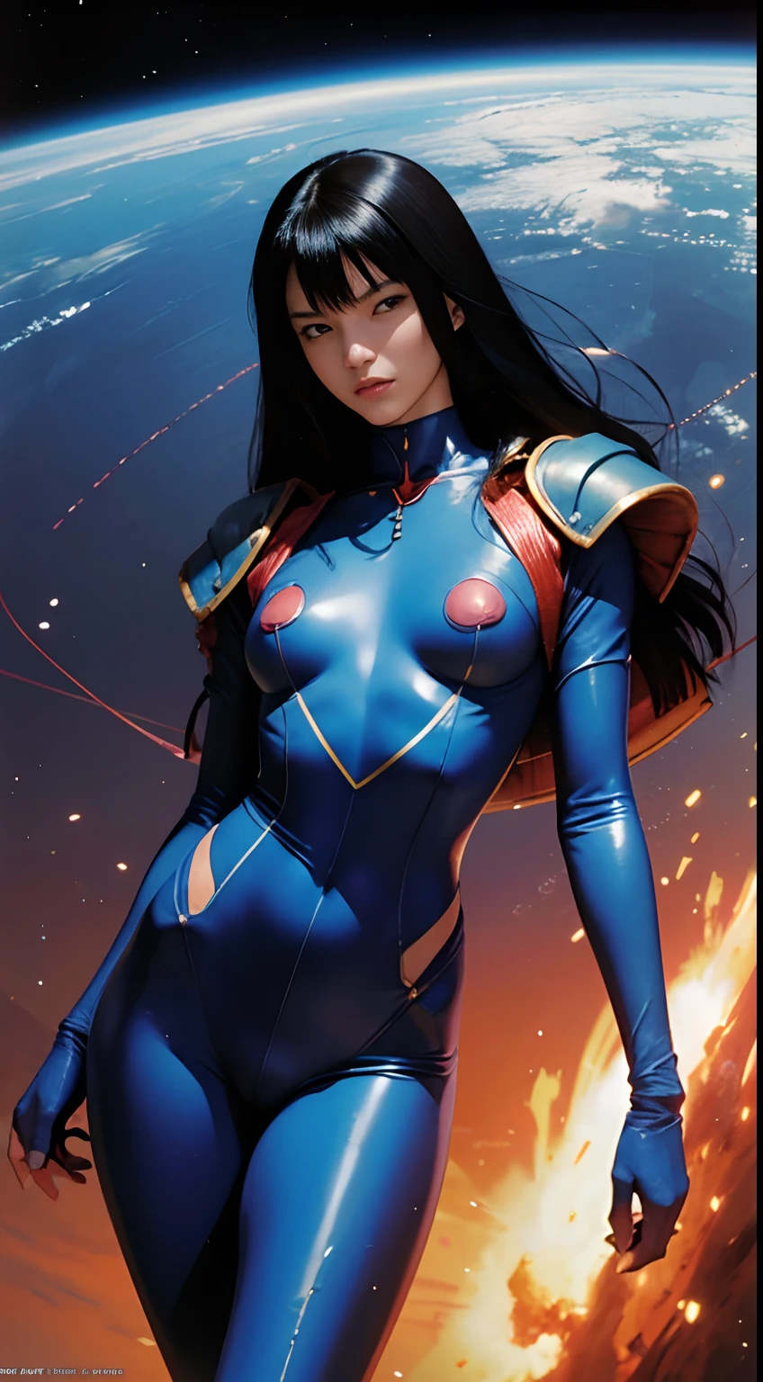 Jean Giraud, Masamune Shirow, Katsuhiro Otomo, Frank Pape, Japanese anime, surreal mysterious strange bizarre fantasy sci-fi fantasy, satellite orbit, space station, solo girl, beautiful perfect voluminous sexy erotic body, super thin skintight suit, hyper derailed, high resolution definition quality masterpiece