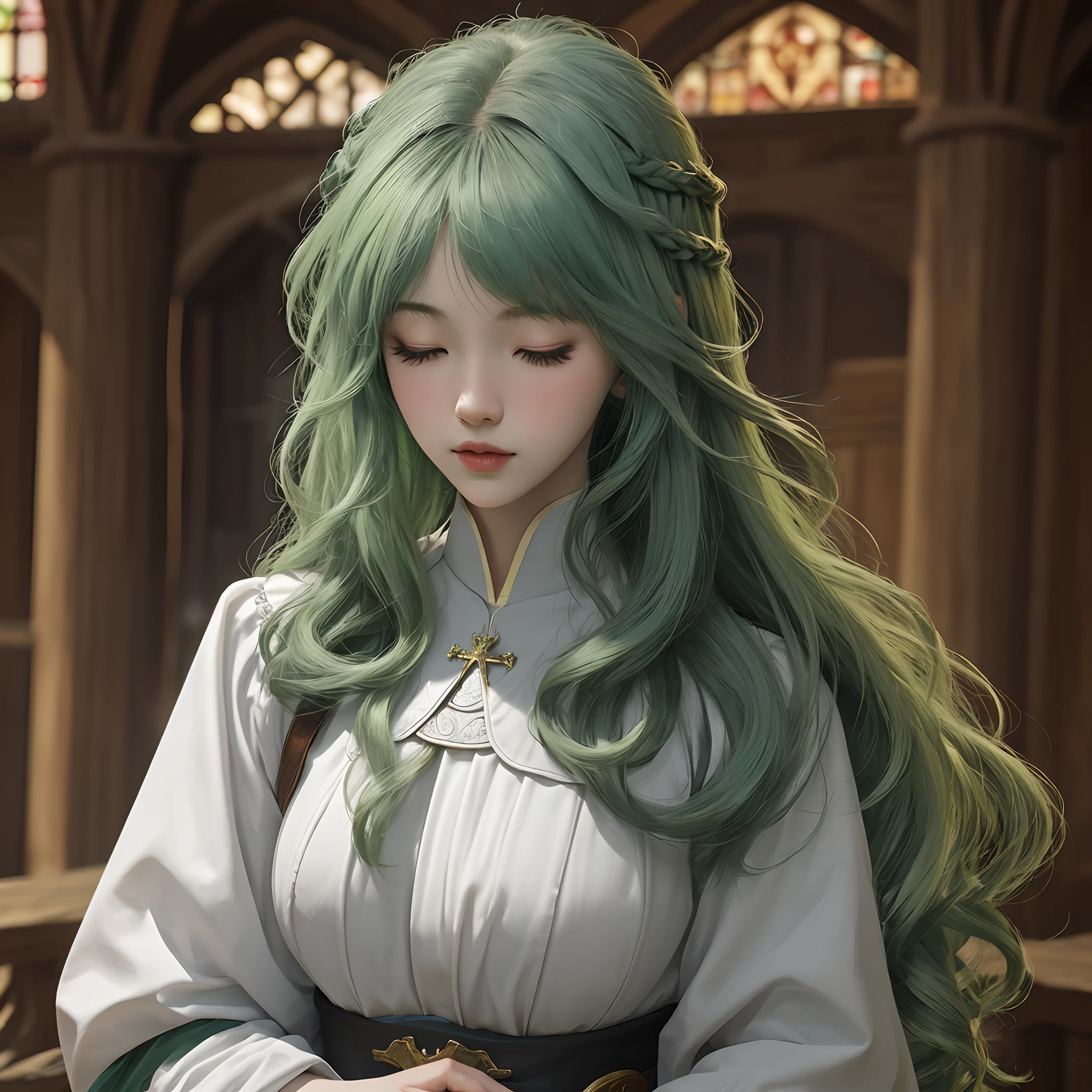 Green hair, 1girll, The priests obeyed,long whitr hair，lady，middle parted hairstyle，eye closeds，chies，medieval times