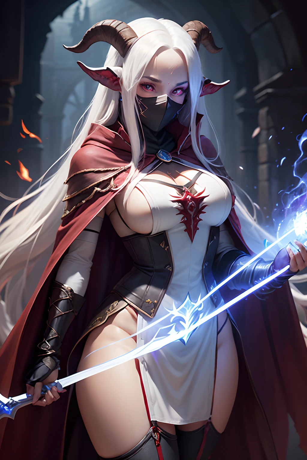 dungeons and dragons,Dark red glowing eyes,Blue skin,Magical girl,Best quality, Masterpiece, gaming console_CG, Very long hair, White hair,cloaks, Combat posture,Sorcerer,goat horn,hooding,Robe,Medium breasts,A mask that covers the lower half of the face,Long sword