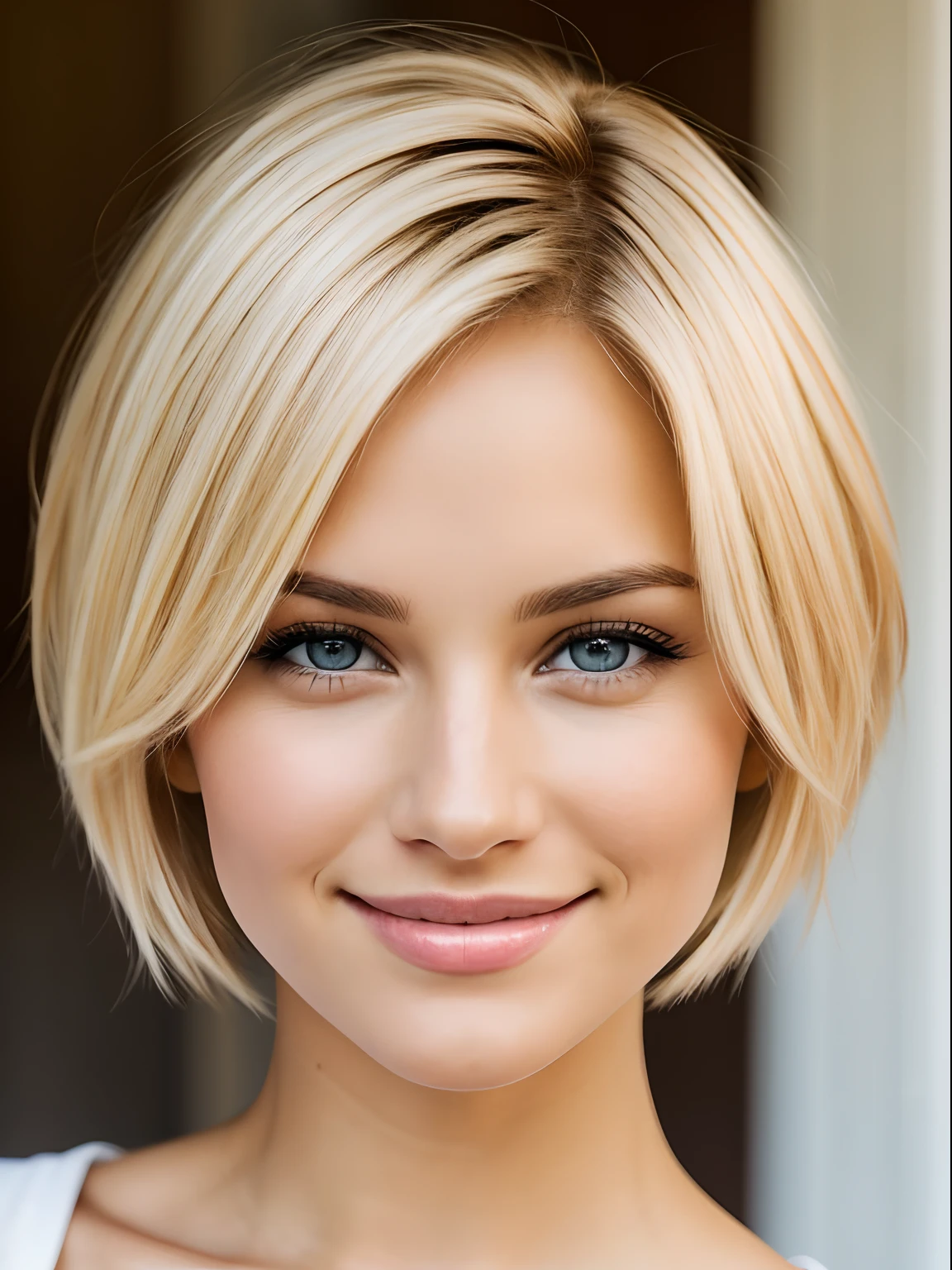 A closeup photo of a very beautiful blonde woman. She has brown eyes, and short hair. She is slightly smiling.