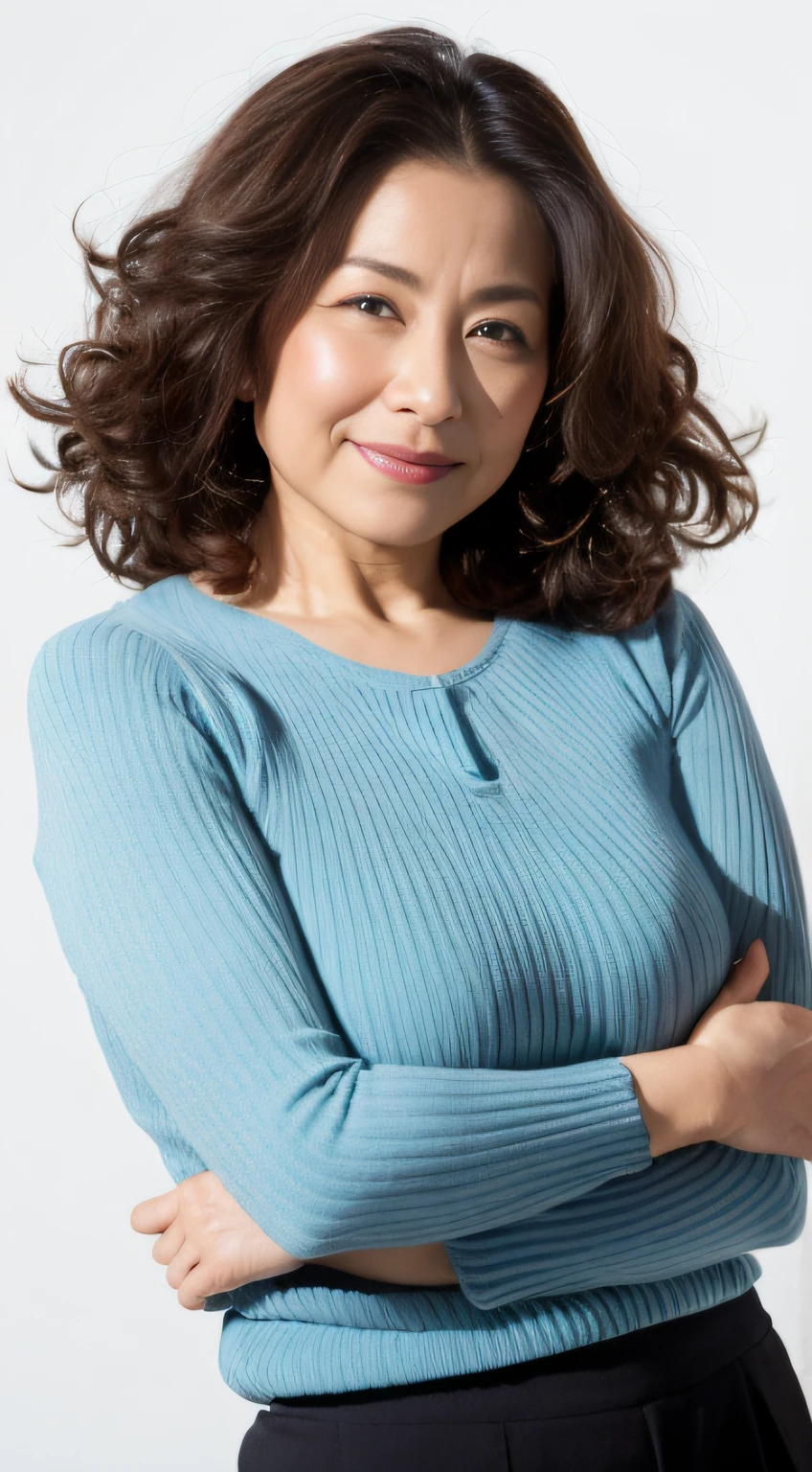 ((Best quality, 8K, Masterpiece, Portrait: 1.3)), (View viewers), Photorealism, Sharp focus, Solo, The Moro Islamic Liberation Front of Japan, Beauty,Wavy hair, Wrinkles at the corners of the eyes, to emphasize, ((???????????:1.3))),，30 years old, curlies, Wrinkled eyes, (Sweaters, standing on your feet:1.2),（（looking at viewert））