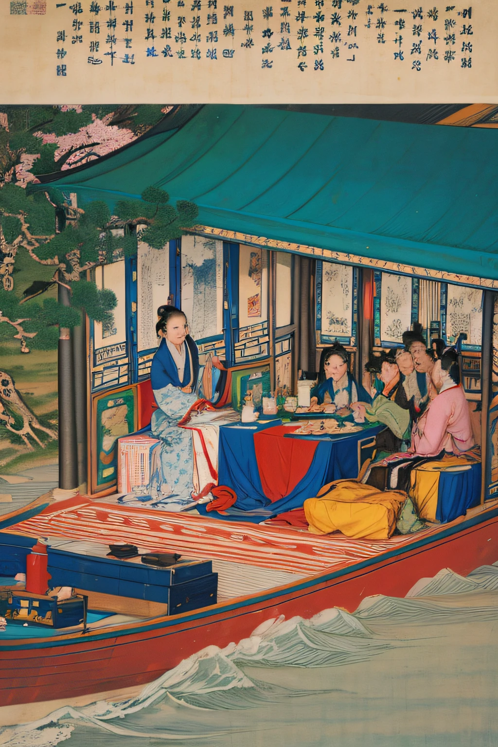 Looking down from afar, ten Tang dynasty people sit on an ancient ship with a brightly lit ancient boat eating, drinking, busy, the moon and a deep blue lake, flanked by a cherry blossom tree
Tide Wind Illustration Festival，12k，high qulity，highly accurate