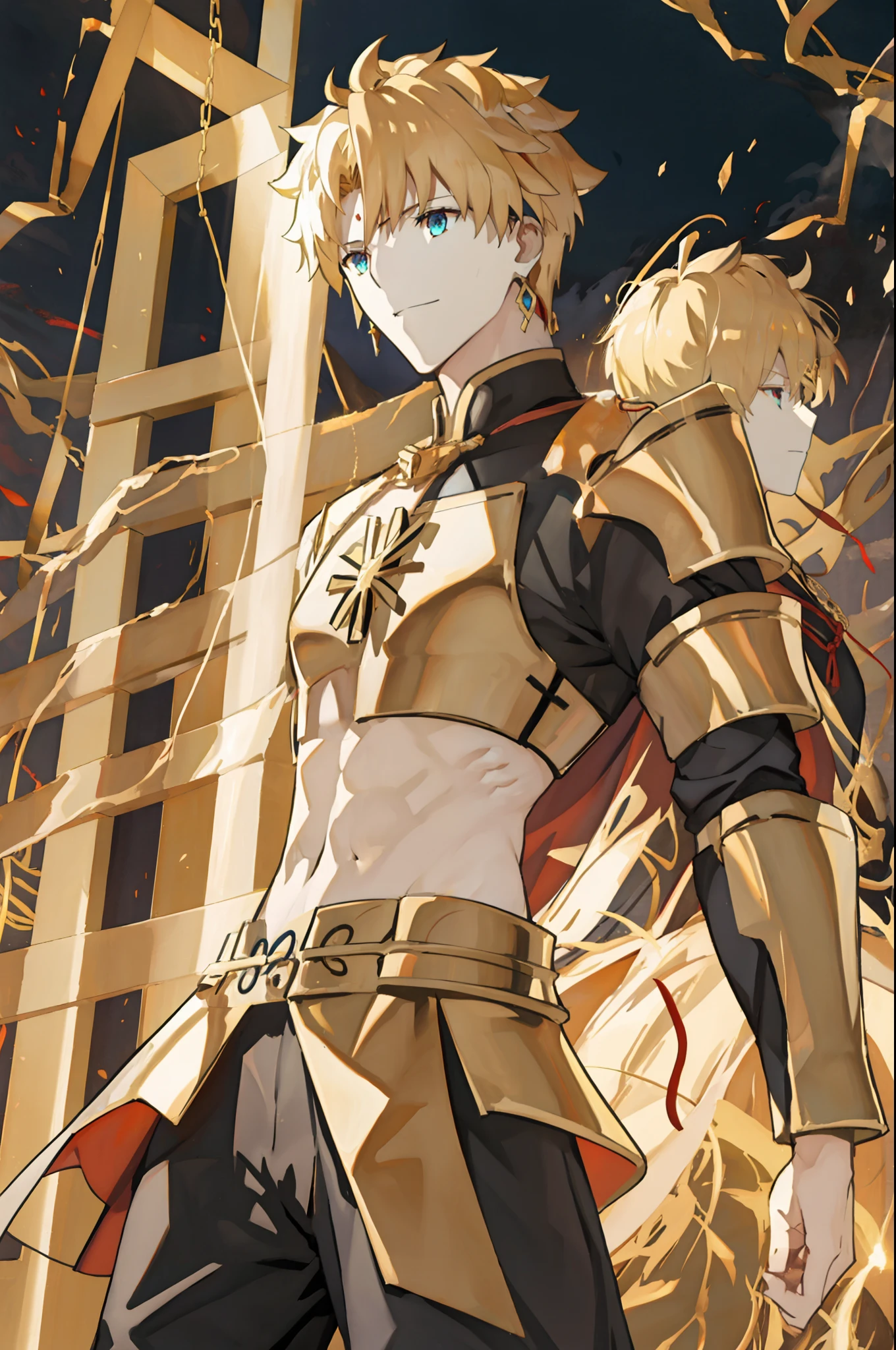 1male, fate go, gudao fusionado con la class card de Gilgamesh, con cadenas doradas que salen de portales dorados, a golden armor but with the torso uncovered as well as the head, with red markings on his body in lines,