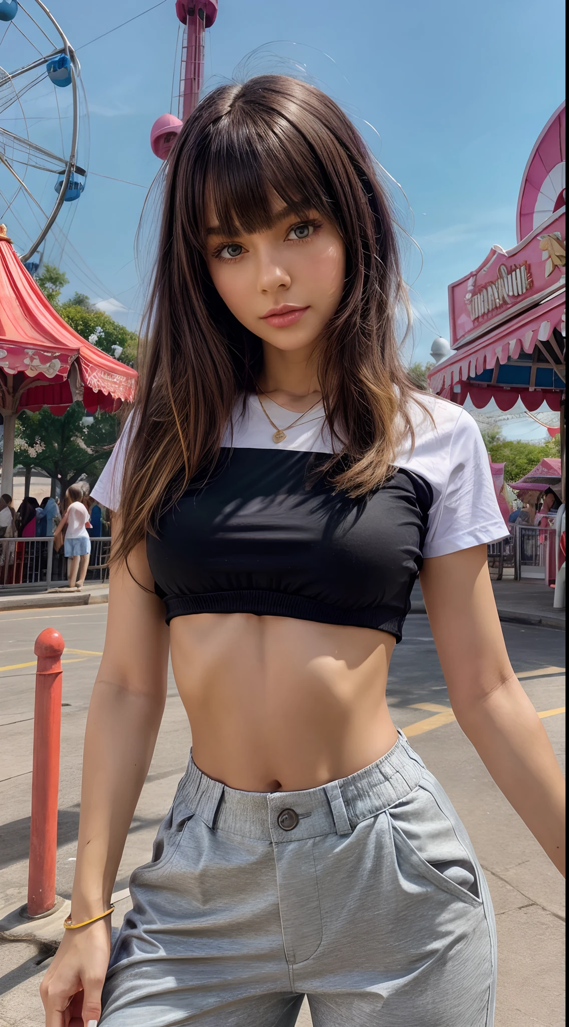 Beauty, cute outfit, cute outfit, balloon, cute, amusement park scene, rich color matching, blind box style, toy model, highly detailed, ultra high definition, 8K UHD ,black long hair with bangs, blonde short hair midshot, centered image, ultra detail, extremely face detail, extremely eye detail, , skinny girl, skinny body, cute pose , crop top, crop shirt, t shirt, skirt, pants, --v 6