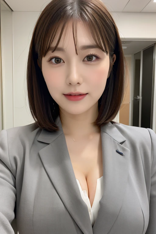 (Best quality, 8k, 32k, Masterpiece, UHD:1.2), 1 girl, ((close up:1.2)), beautiy Japanese office lady, (smile:0.5), (looking at the viewer), bit chubby, grey suit, grey mini skirt, open jacket, office room, desk, (huge breasts, buttocks:1.2), detailed beautiful face, pony-tail hair, from below,