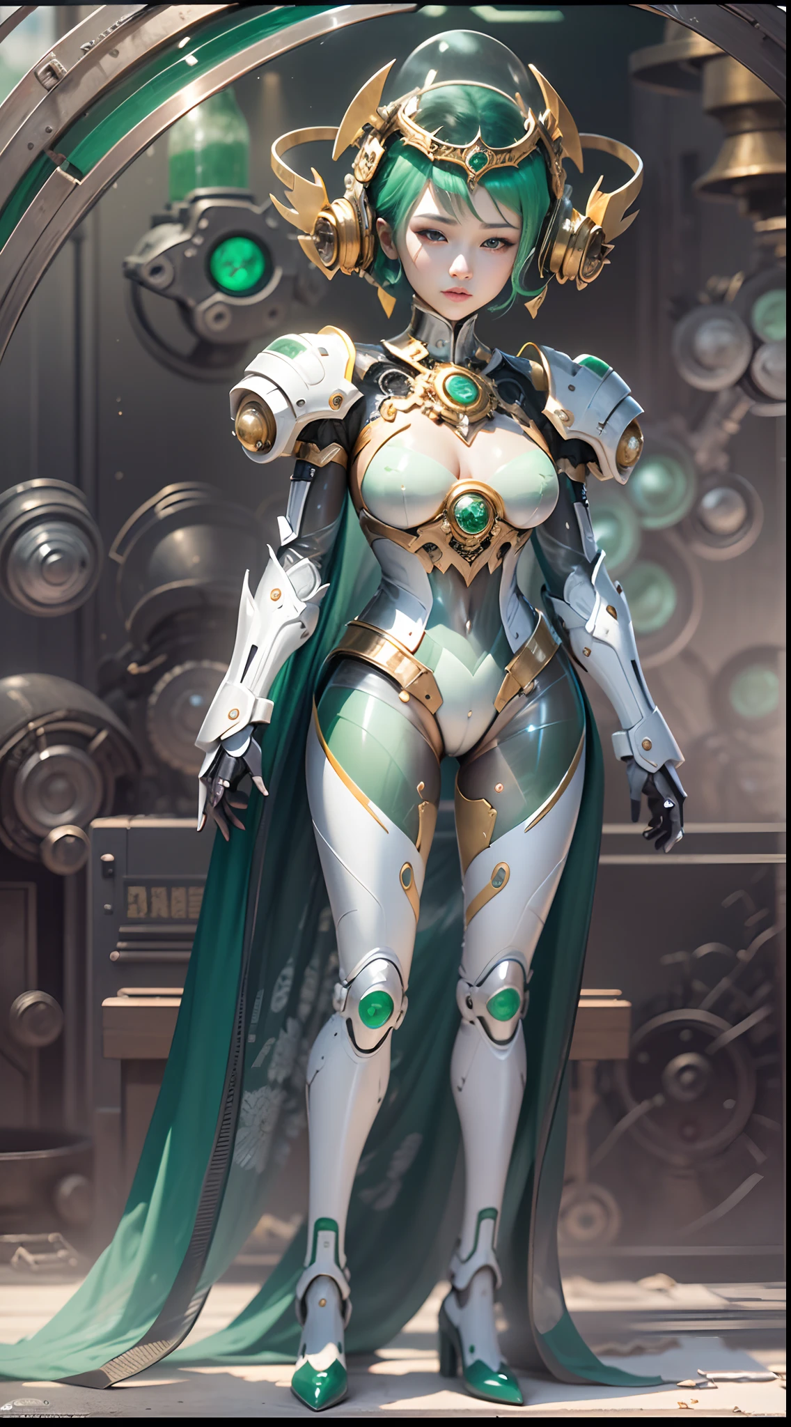 (Formed from jadeite jade:1.2),(full bodyesbian:1.3),,(Transparency:1.6),(Transparent material:1.6),crystal material,No impurities,National treasure level,(Emerald green:1.2),anatomy correct，Accurate and perfect facial features，Perfect hand features，1 Korean beauty,((Masterpiece)),A female robot with a clockwork heart,Exposed heart,(Human face),white plastic,Titanium gold spring,Future science fiction，Mechanical armor,fetish,Giger,airbrush,70s,Detailed,iintricate,dynamic contrast,hdr,Symmetrical