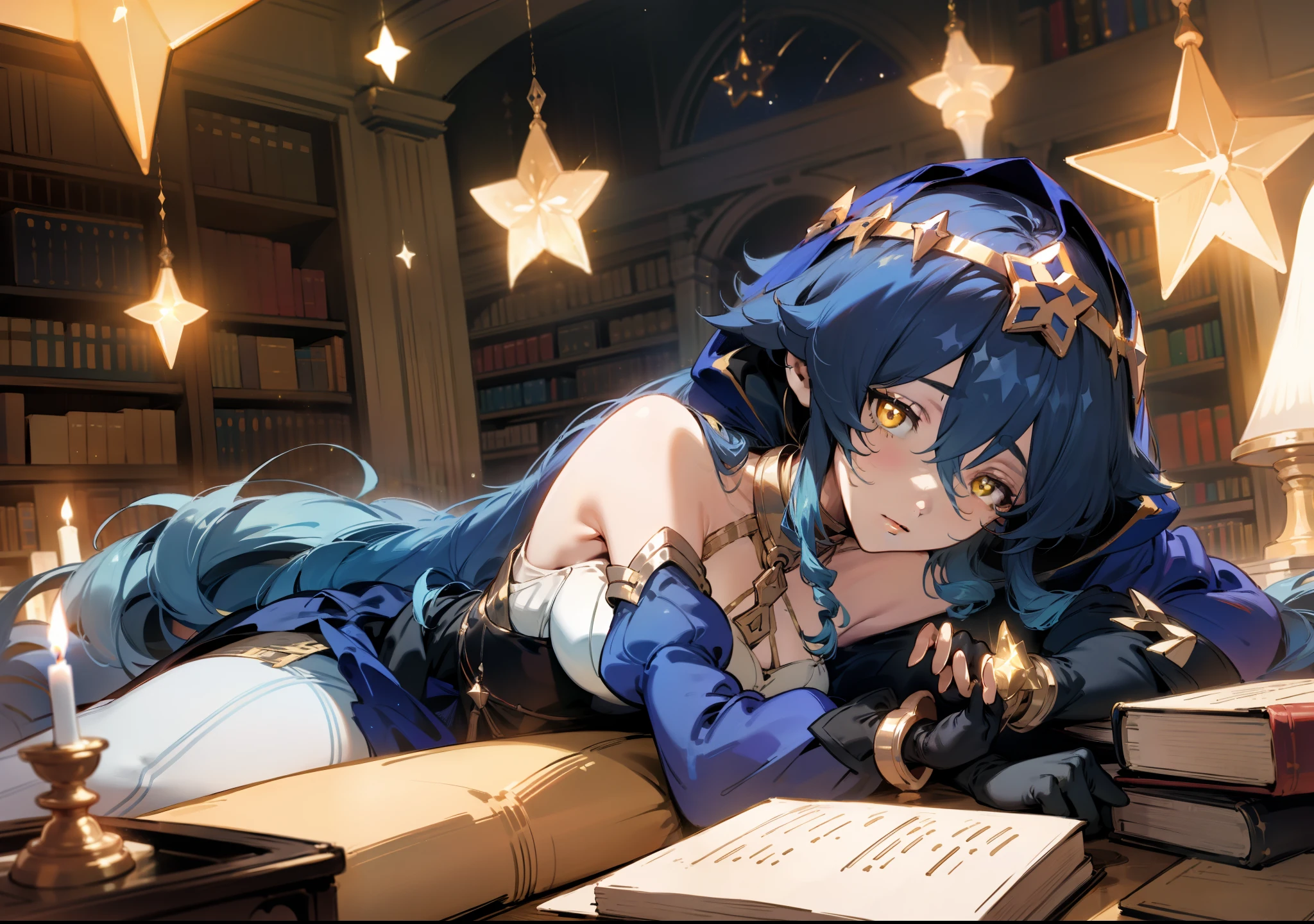 (1girl), illustration, Layla \(Genshin Impact\), choker, star \(symbol\), golden eyes, yellow eyes, glowing eyes, eyes with stars, earrings, gold jewelry, blue skirt, blue dress, amazing body, sexy, laying down, lying down, lying on back, laying on back, comfortable, radiance, reading book, book, library, night, candle light, warm lighting, dynamic perspective, fisheye view