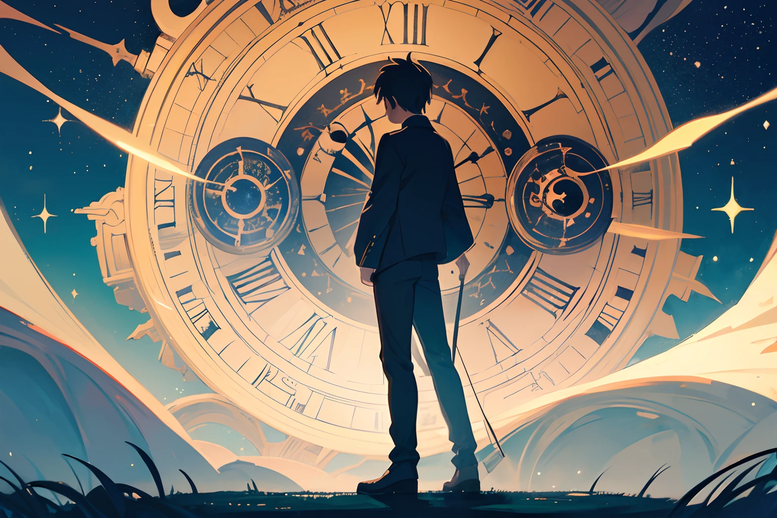 Create exquisite illustrations reminiscent of Makoto Shinkai's style, It has ultra-fine details and top-notch quality. Create an illustration of a fantastical space with a massive, enchanting clock. The clock and the space around it resemble a starlit sky, filling the atmosphere with a magical aura. In this ethereal setting, a young boy stands in awe, gazing at the enormous clock as if he's witnessing the secrets of the universe unfold before his eyes. The twinkling stars within the clock's mechanisms enhance the enchantment of the scene, capturing the essence of wonder and imagination.