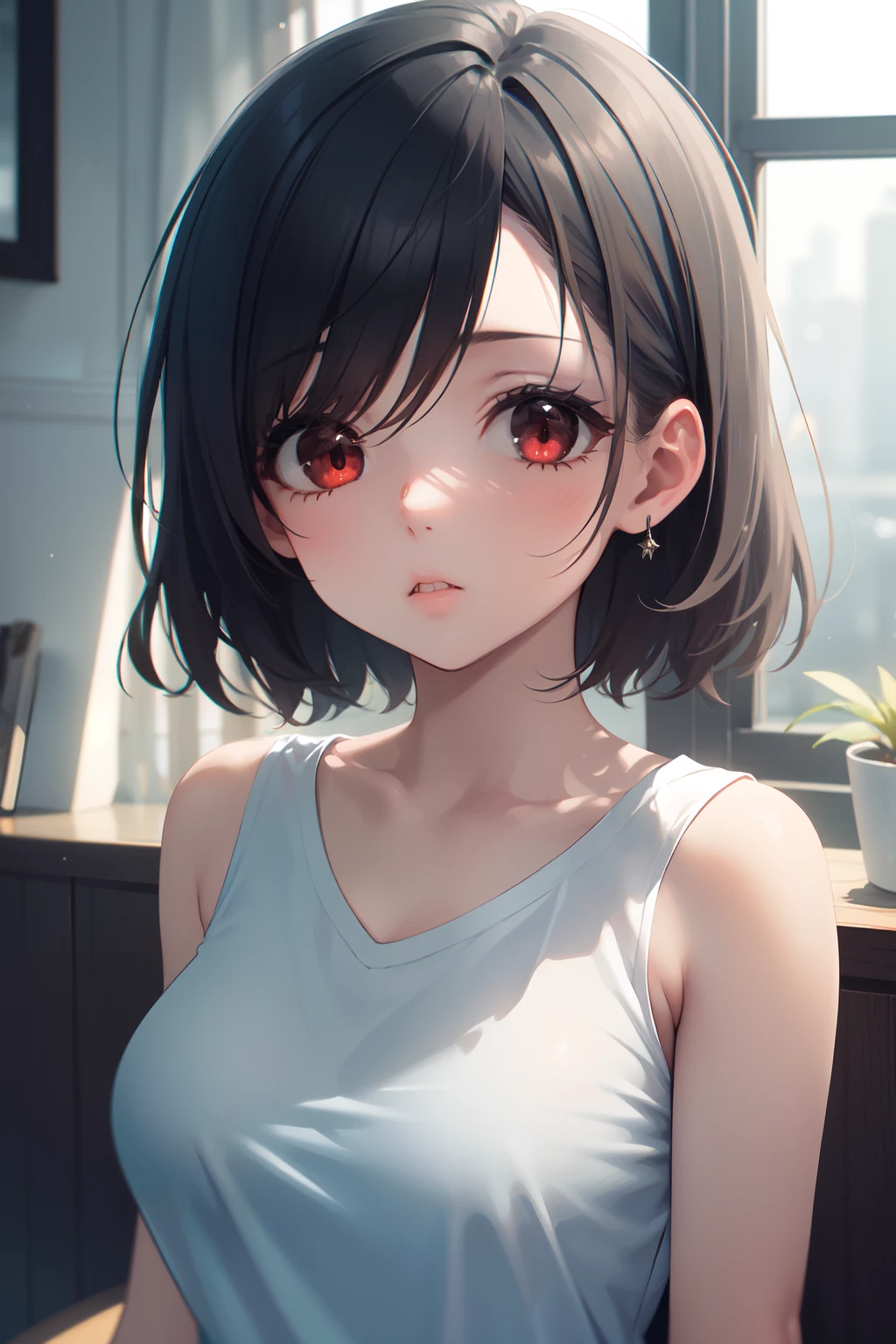 (masterpiece, best quality:1.2), extremely detailed, ambient soft lighting, 4K, quality, 1girl, solo, mature, mature female, milf, upper body, red eyes, tareme, long eyelashes, thick eyelashes, looking at viewer, medium breasts, white shirt, sleeveless, collarbone,