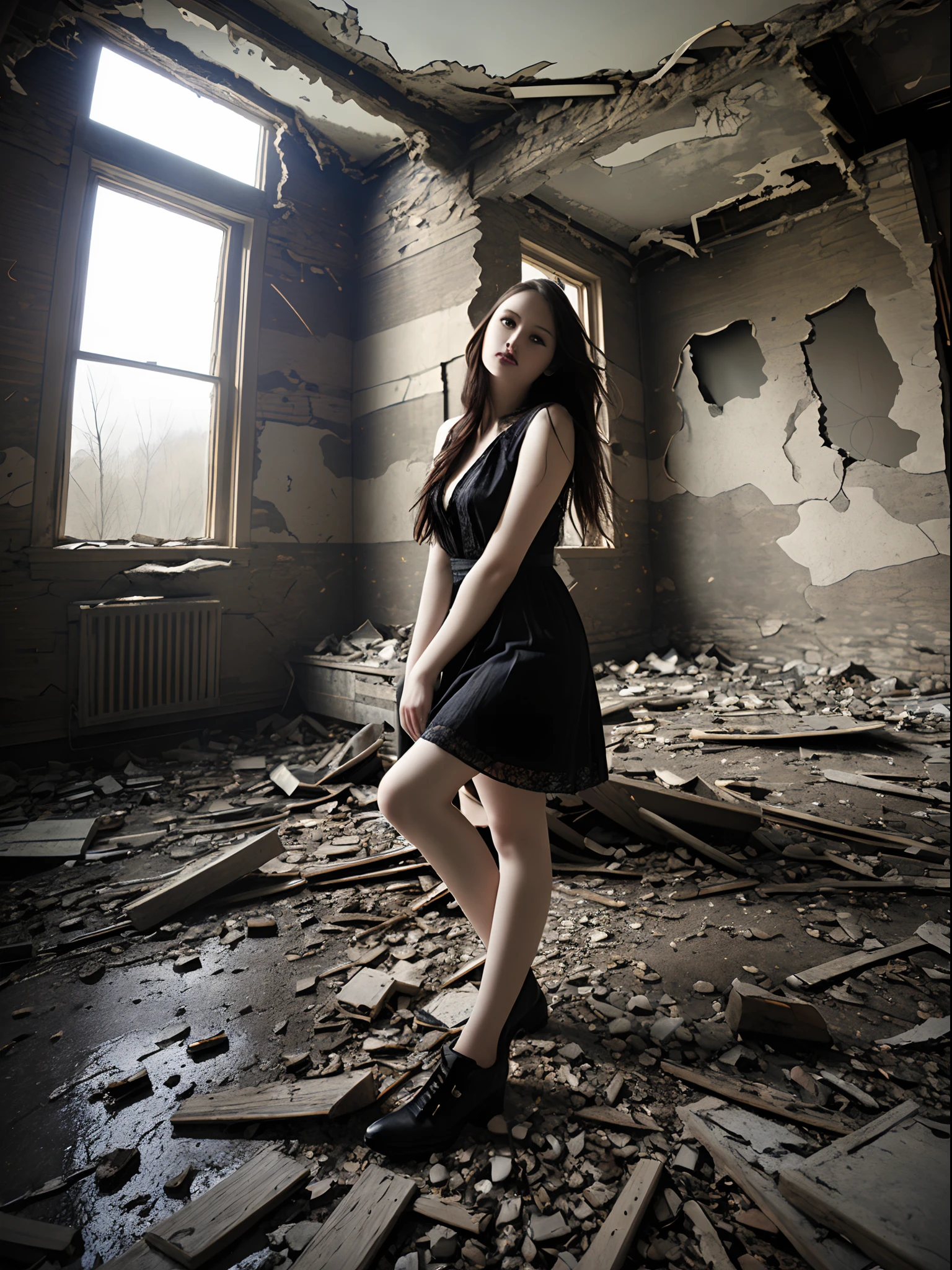 Photo session of an attractive woman in a ruined house
---