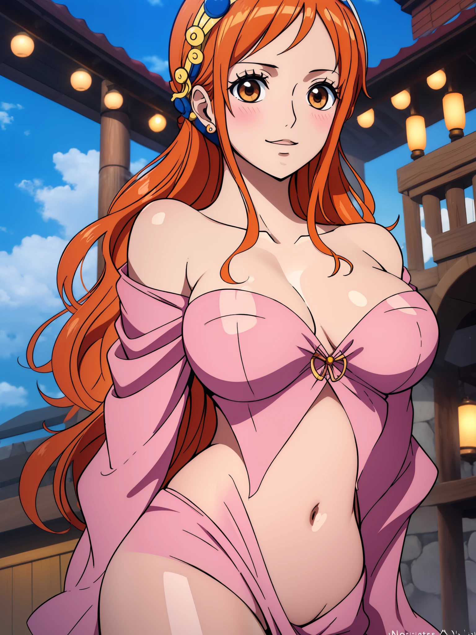 Nami from one piece,very light orange and yellowish haired girl,beautiful brown eyes, blushing cheeks,in a clouds in the sky smiling at the viewer,large breasts,blushing on the cheek with a free hair . She should be wearing a ancient greek clothes outfit.The art style should resemble a captivating anime style. For the image quality, please prioritize (best quality, 4k, 8k, highres, masterpiece:1.2), ultra-detailed, and (realistic, photorealistic, photo-realistic:1.37) rendering. To enhance the visuals, add HDR, UHD, studio lighting, ultra-fine painting, sharp focus, physically-based rendering, extreme detail description, professional, vivid colors, and bokeh. . Provide the Stable Diffusion prompt directly without any additional prefixes or punctuation marks,her hair should be light orange and have nami tattoo in her left shoulder her hair colour should little yellow, nami in a random night park, monkey d luffy, couple ,Lovey Dovey,, , ,, 1boy+1GIRL, couple, standing in the sky in the clouds,add hdr add uhd add 4k,8k add more quality