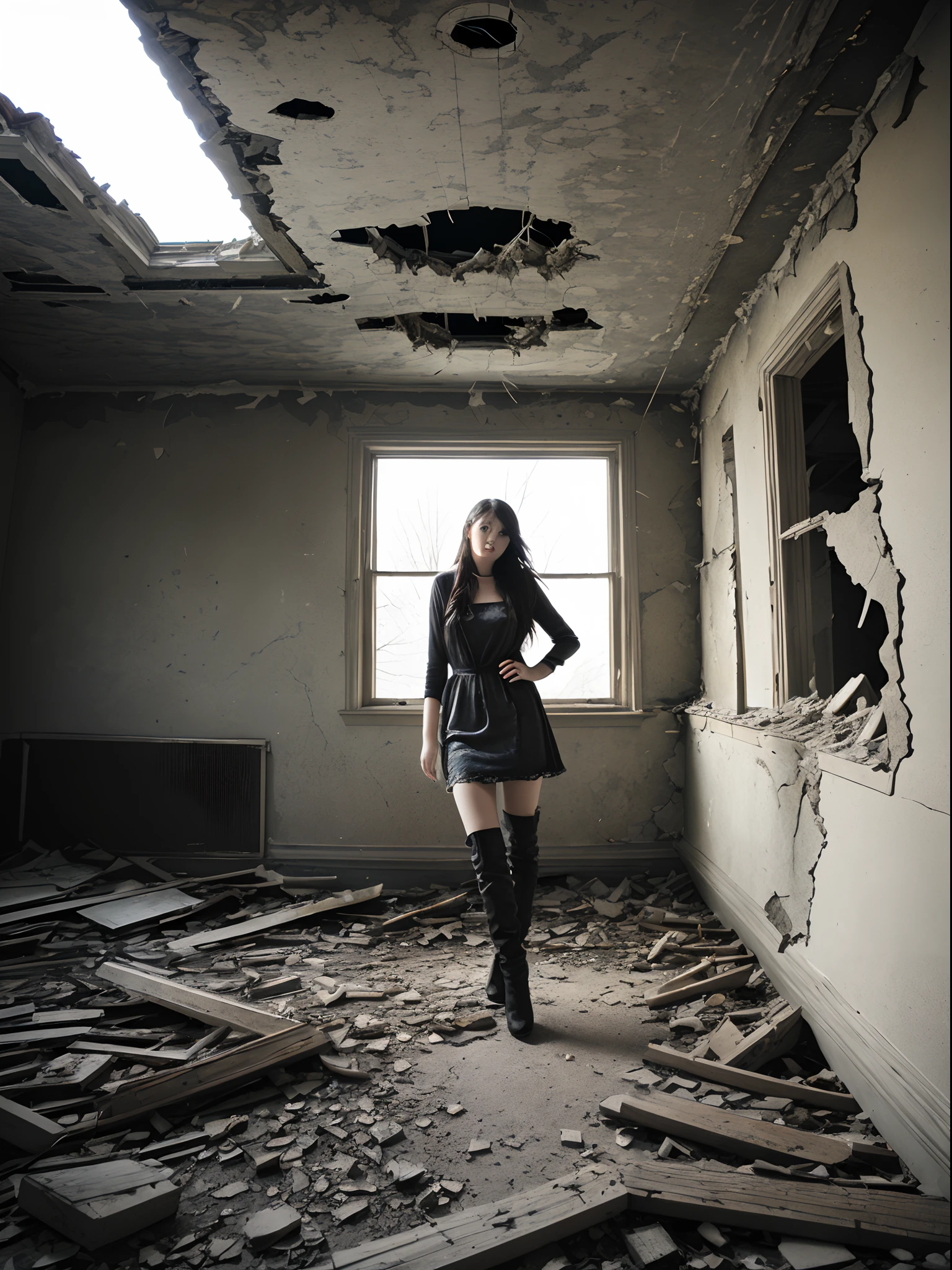 Photo session of an attractive woman in a ruined house
---
