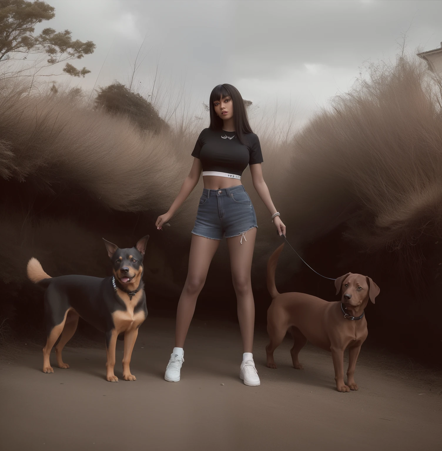 (best quality,4k,8k,highres,masterpiece:1.2),ultra-detailed,(anime:1.37),a sexy woman standing next to two dobermans on a leash,dogs,dogs:1.1,vacation photo,photo taken at night,mixed art,full body picture