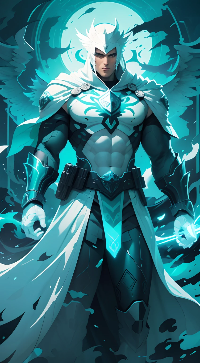 white eyes, midshot, cel-shading style, centered image, ultra detailed illustration of White Guardian Angel comics posing, broodish, (tetradic colors), inkpunk, ink lines, strong outlines, blue green water background, art by MSchiffer, bold traces, unframed, high contrast, cel-shaded, vector, 32k resolution, best quality